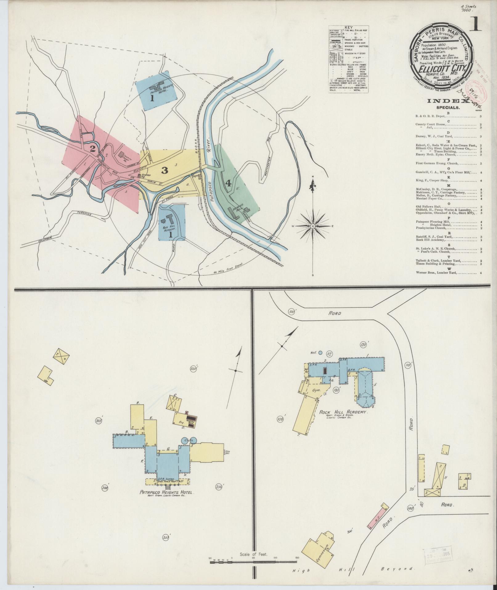 Sanborn Fire Insurance Map from Ellicott City, Howard County, Maryland (1894), Sheet #0001 - Historic Sanborn Fire Insurance Map Print, vintage old map wall art, antique decor, genealogy gift, Maryland Maryland map