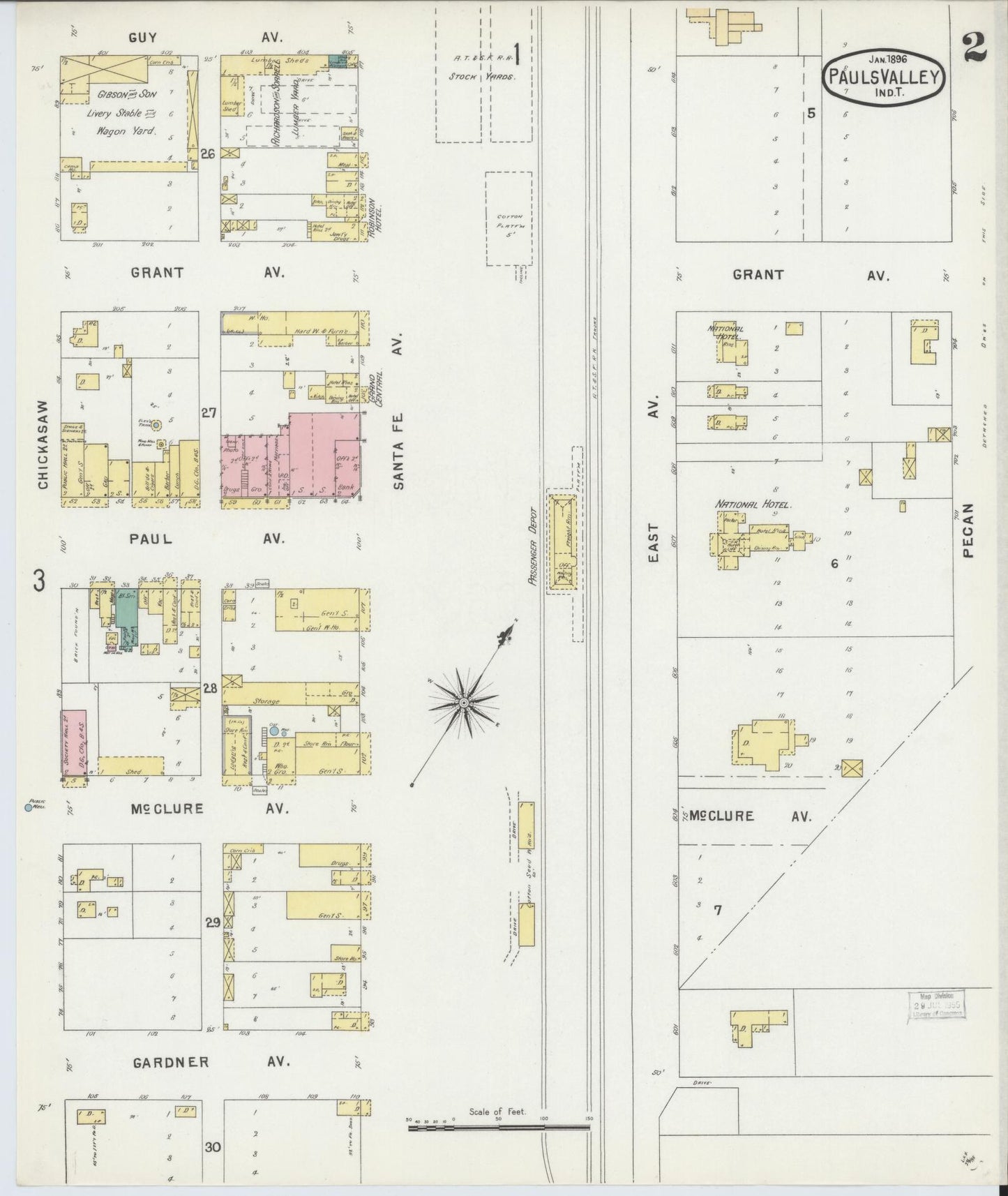 Sanborn Fire Insurance Map from Pauls Valley, Garvin County, Oklahoma (1896), Sheet #0002 - Complete Map Set gallery image, historic Sanborn map, vintage wall art, Oklahoma Oklahoma