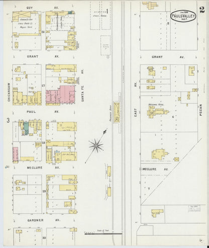 Sanborn Fire Insurance Map from Pauls Valley, Garvin County, Oklahoma (1896), Sheet #0002 - Complete Map Set gallery image, historic Sanborn map, vintage wall art, Oklahoma Oklahoma