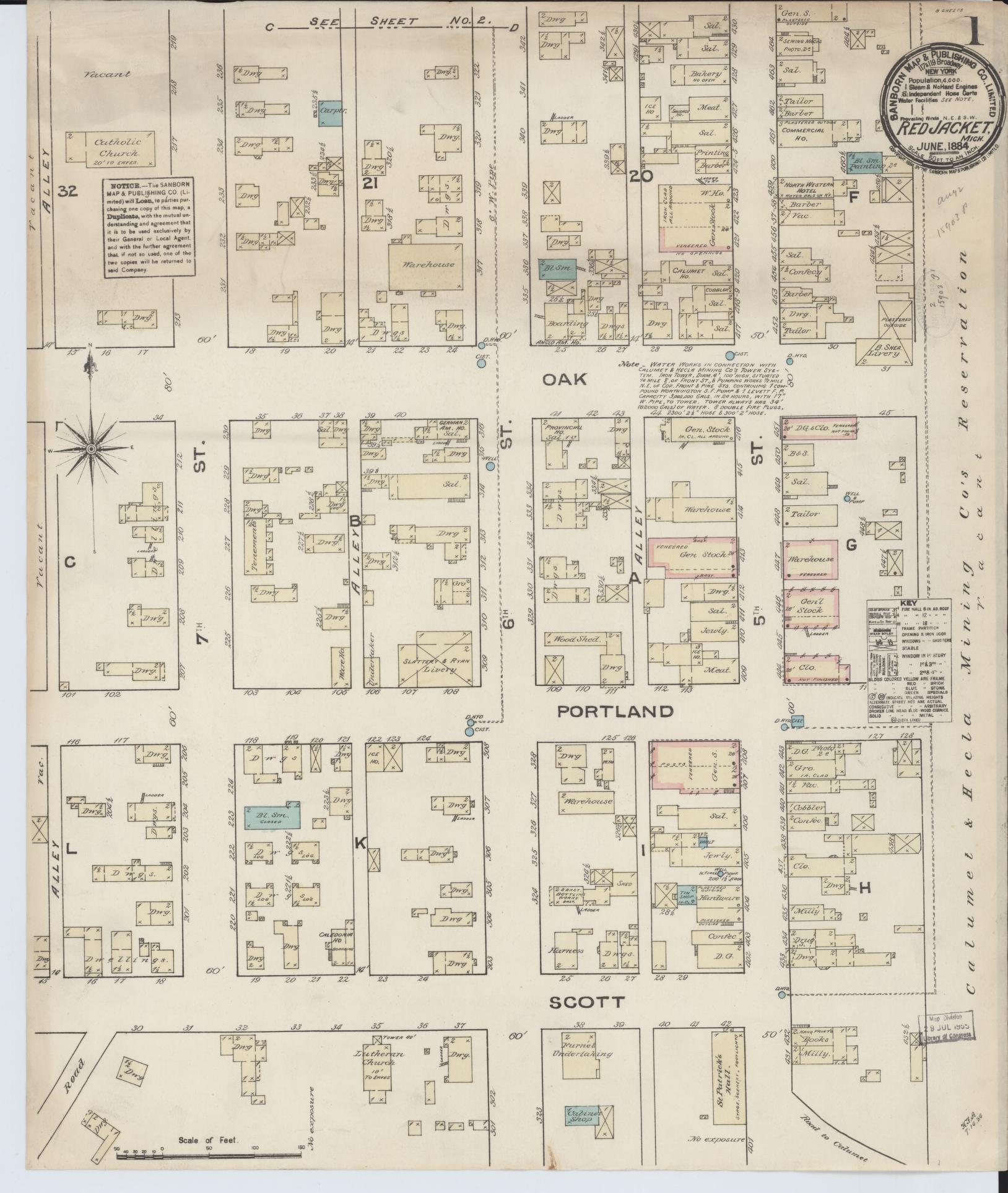 Sanborn Fire Insurance Map from Red Jacket, Houghton County, Michigan (1884), Sheet #0001 - Complete Map Set gallery image, historic Sanborn map, vintage wall art, Michigan Michigan