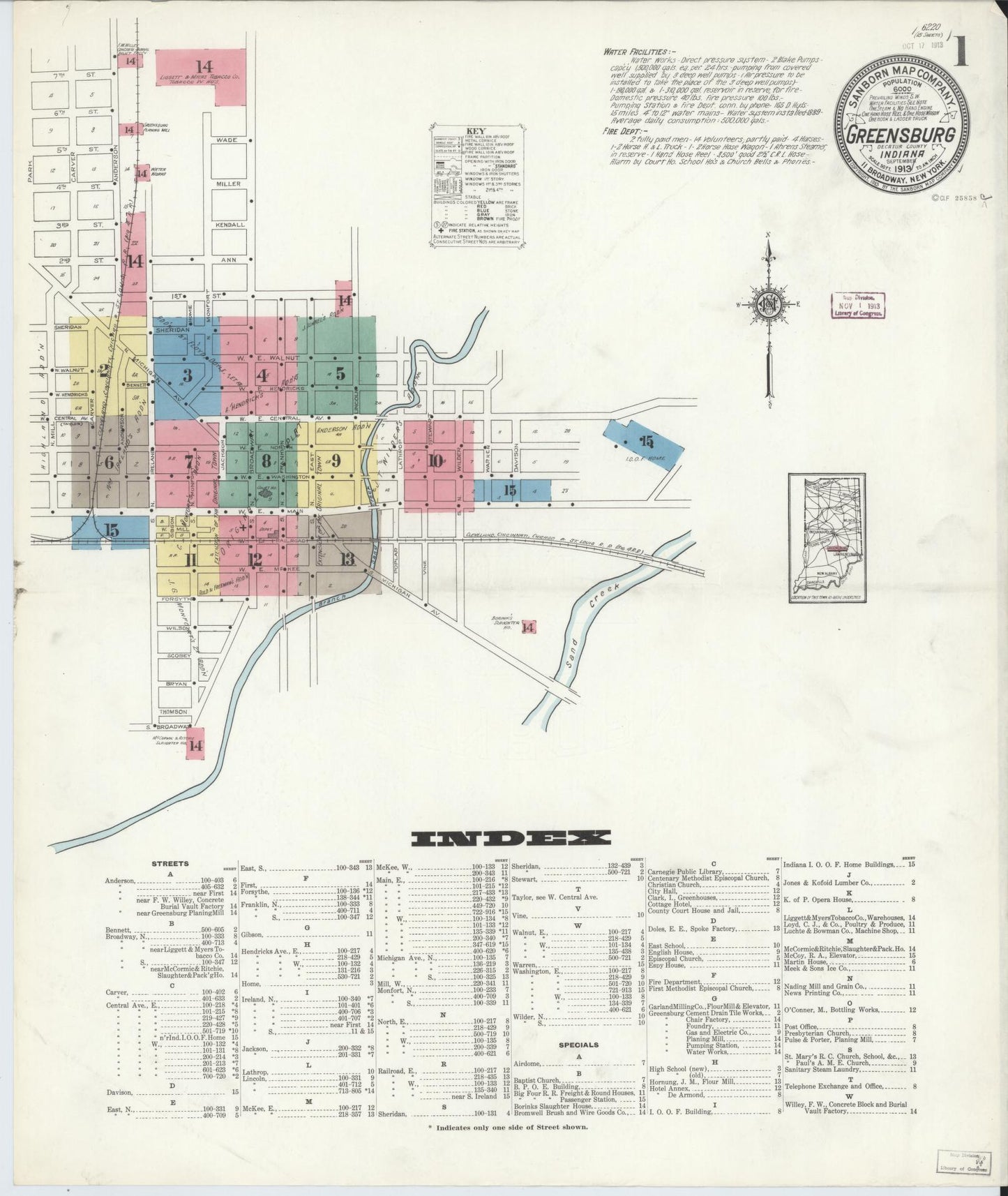 Sanborn Fire Insurance Map from Greensburg, Decatur County, Indiana (1913), Sheet #0001 - Complete Map Set gallery image, historic Sanborn map, vintage wall art, Indiana Indiana