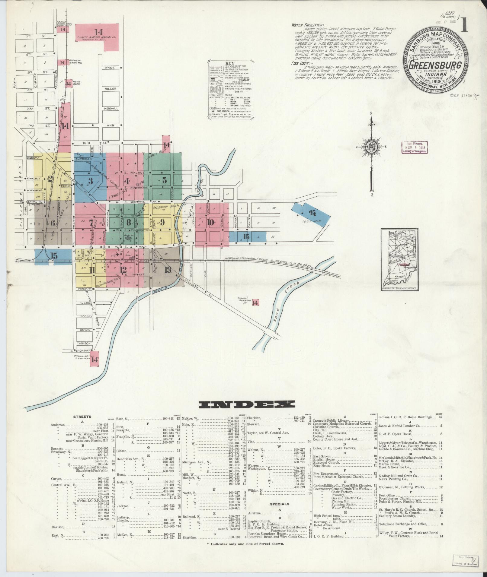 Sanborn Fire Insurance Map from Greensburg, Decatur County, Indiana (1913), Sheet #0001 - Complete Map Set gallery image, historic Sanborn map, vintage wall art, Indiana Indiana