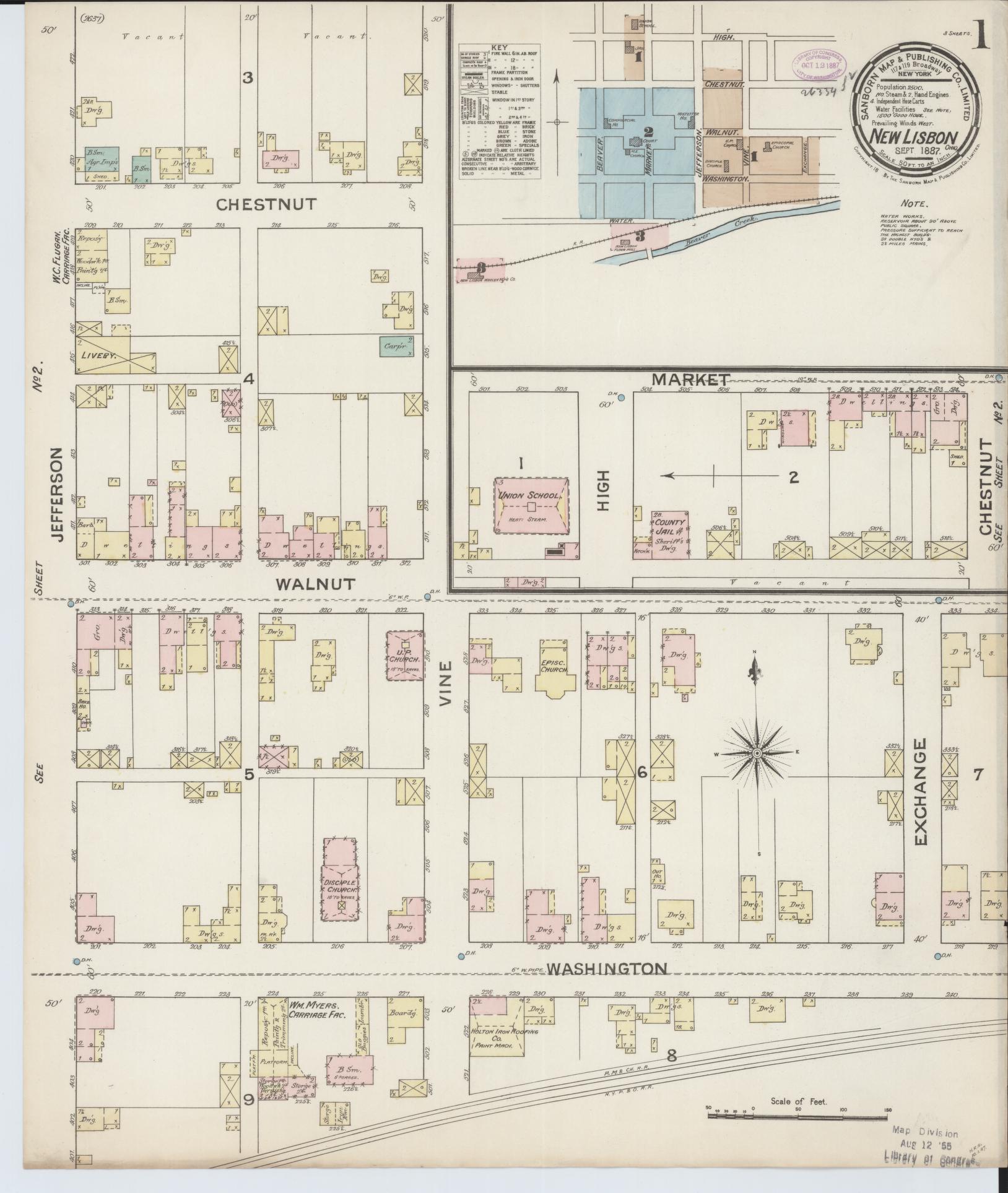 Sanborn Fire Insurance Map from New Lisbon, Columbiana County, Ohio (1887), Sheet #0001 - Complete Map Set gallery image, historic Sanborn map, vintage wall art, Ohio Ohio