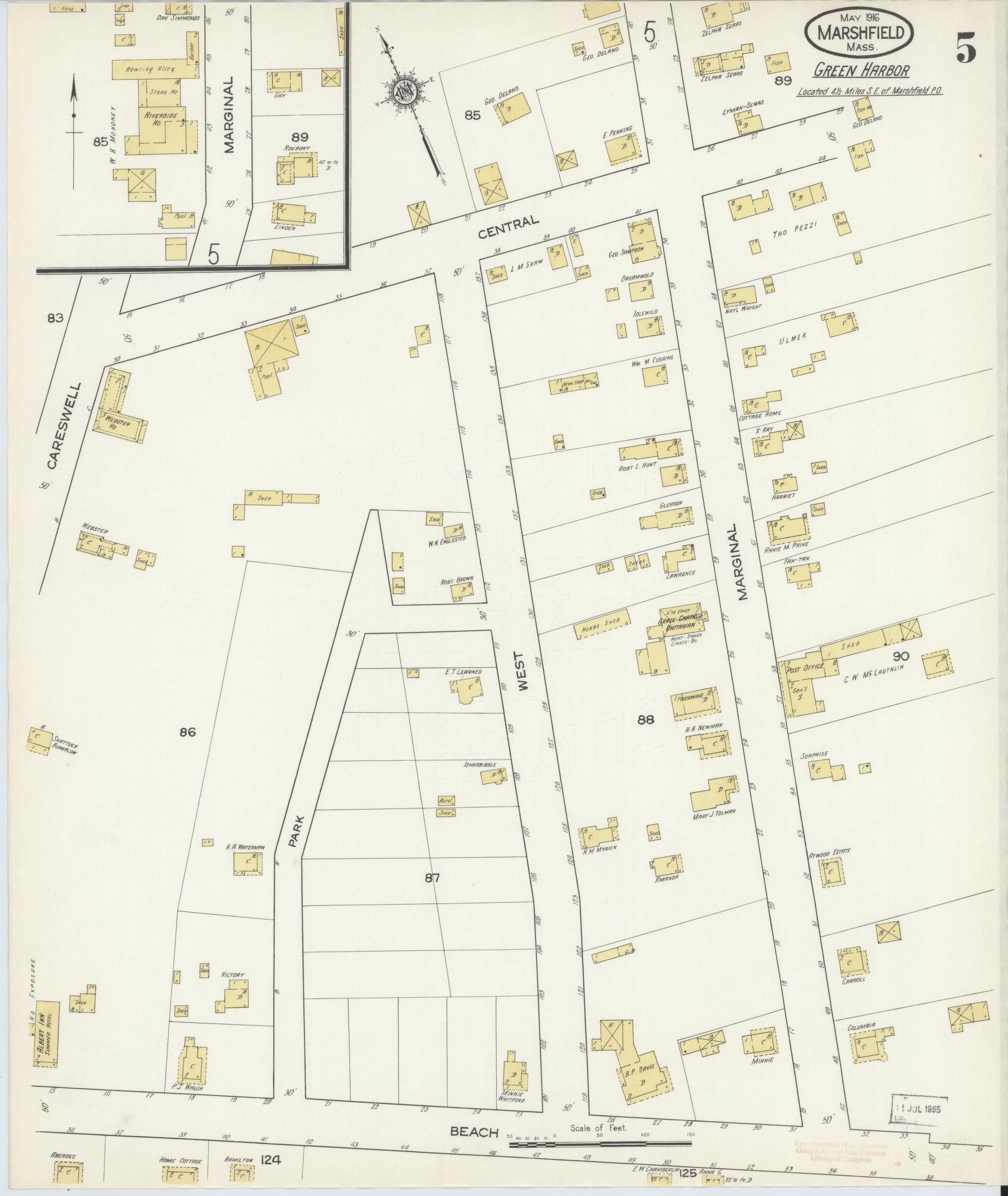 Sanborn Fire Insurance Map from Marshfield, Plymouth County, Massachusetts (1916), Sheet #0005 - Complete Map Set gallery image, historic Sanborn map, vintage wall art, Massachusetts Massachusetts