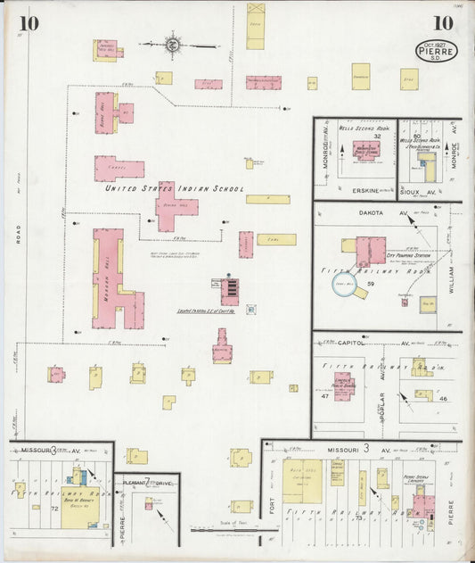 Sanborn Fire Insurance Map from Pierre, Hughes County, South Dakota (1927), Sheet #0010 - Historic Sanborn Fire Insurance Map Print, vintage old map wall art, antique decor, genealogy gift, South Dakota South Dakota map