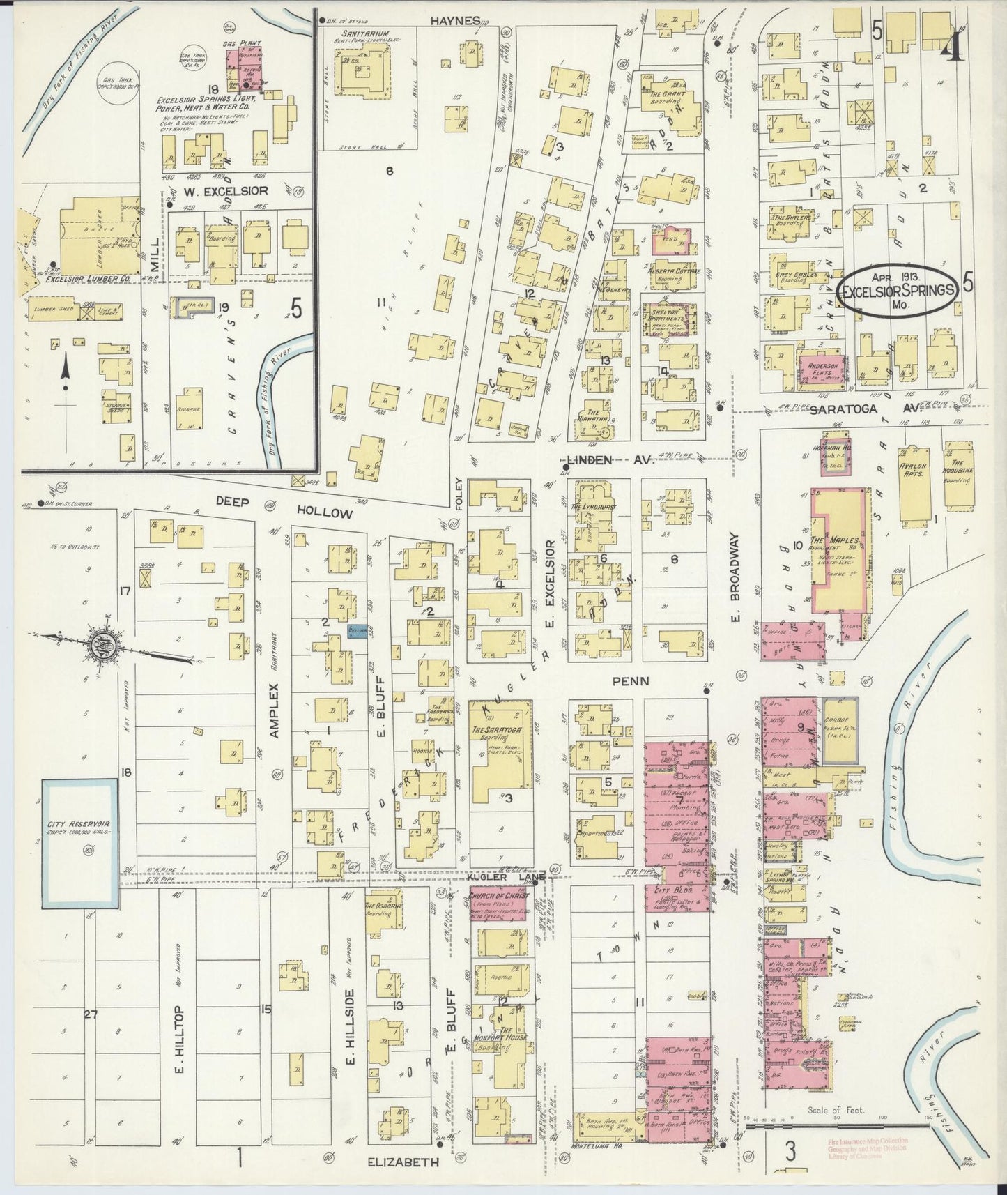 Sanborn Fire Insurance Map from Excelsior Springs, Clay County, Missouri (1913), Sheet #0004 - Historic Sanborn Fire Insurance Map Print, vintage old map wall art, antique decor, genealogy gift, Missouri Missouri map