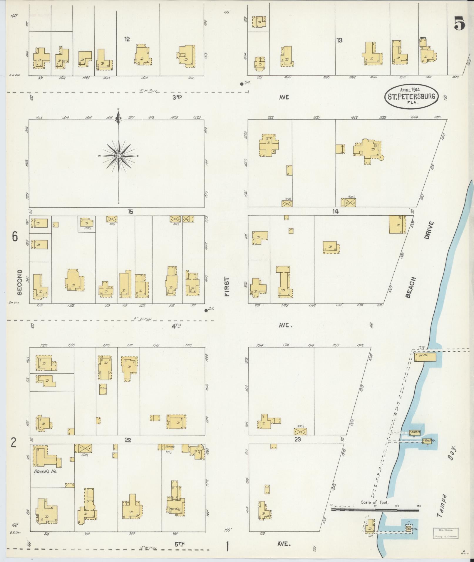 Sanborn Fire Insurance Map from Saint Petersburg, Pinellas County, Florida (1904), Sheet #0005 - Complete Map Set gallery image, historic Sanborn map, vintage wall art, Florida Florida