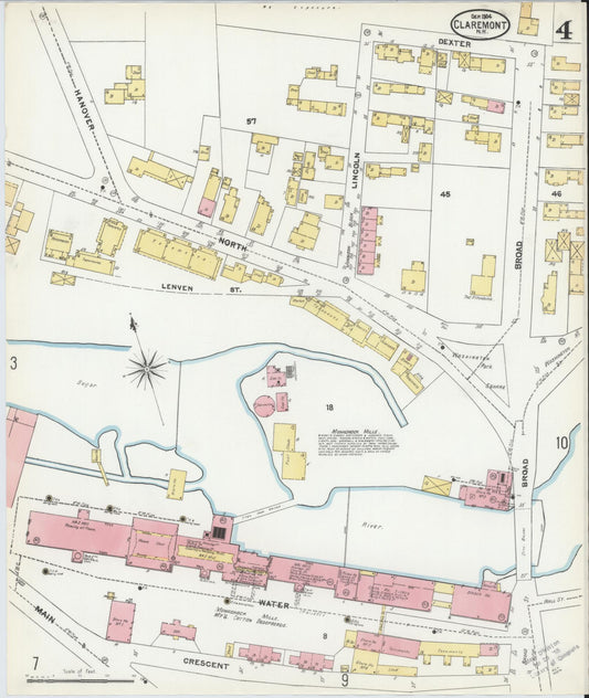 Sanborn Fire Insurance Map from Claremont, Sullivan County, New Hampshire (1904), Sheet #0004 - Historic Sanborn Fire Insurance Map Print, vintage old map wall art, antique decor, genealogy gift, New Hampshire New Hampshire map