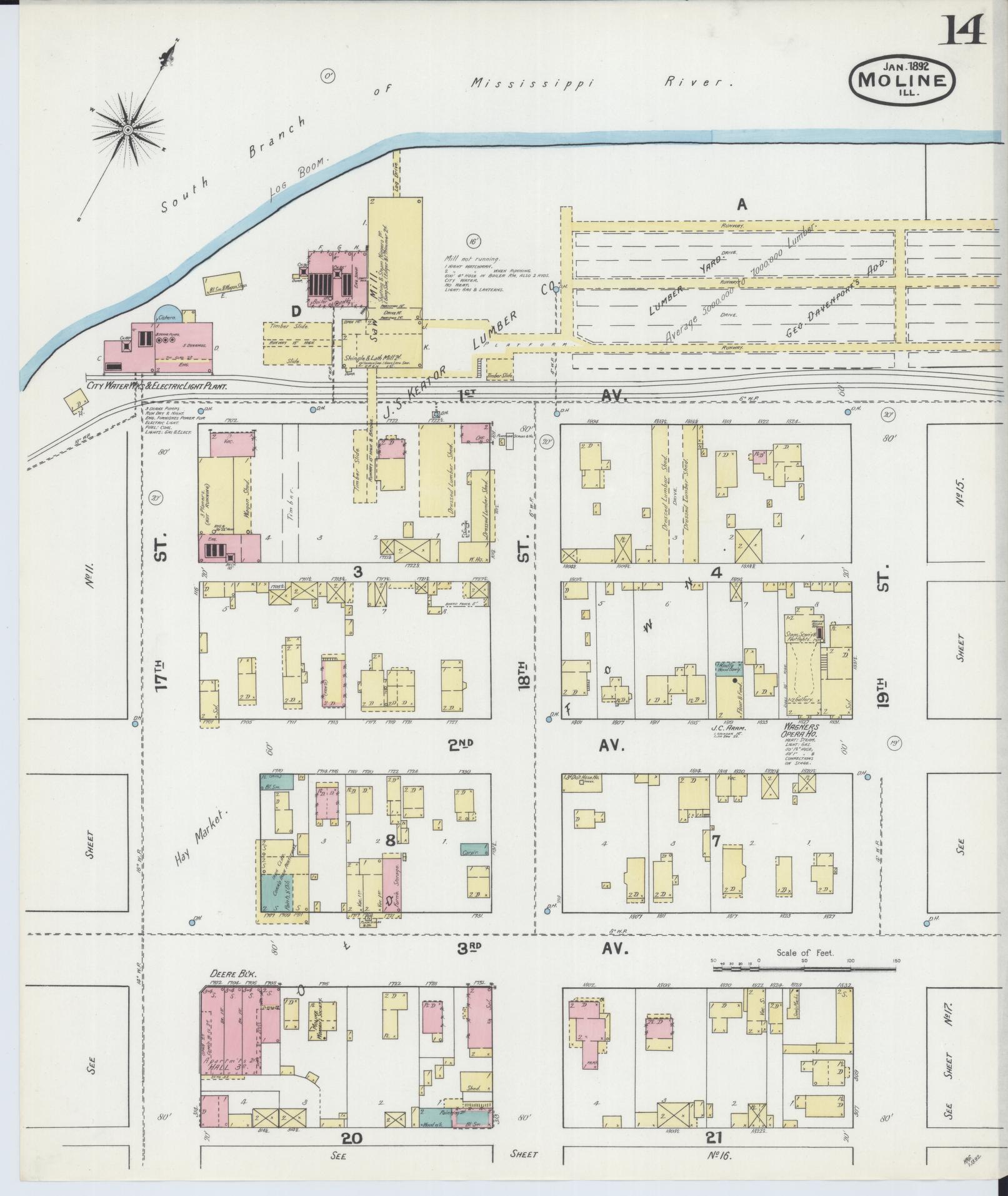 Sanborn Fire Insurance Map from Moline, Rock Island County, Illinois (1892), Sheet #0014 - Complete Map Set gallery image, historic Sanborn map, vintage wall art, Illinois Illinois