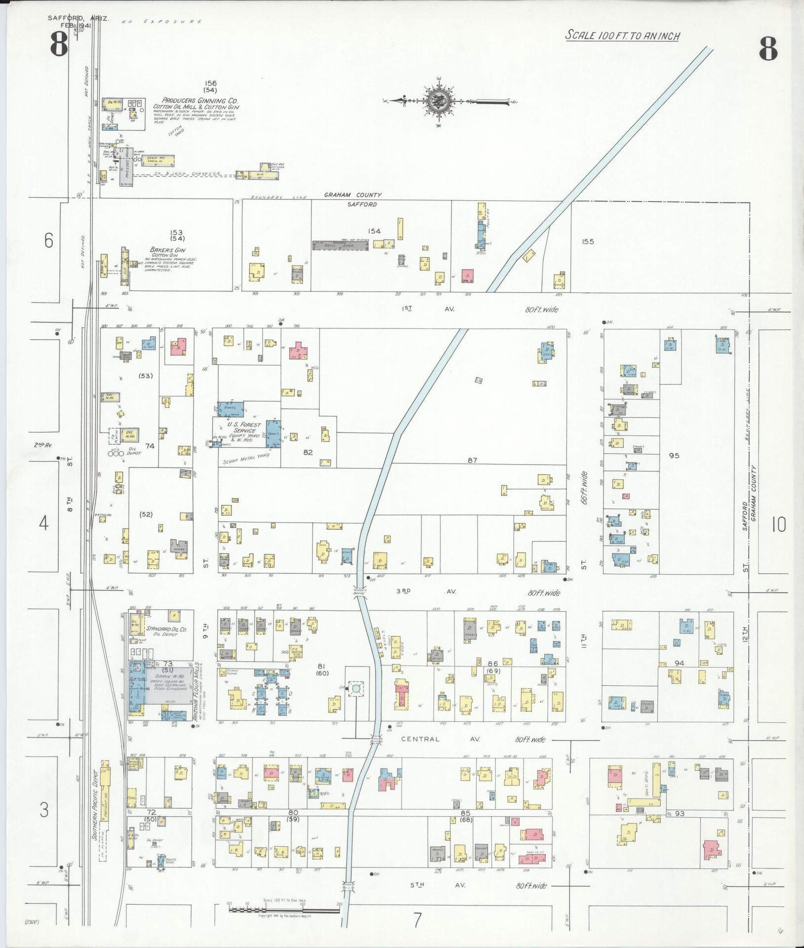 Sanborn Fire Insurance Map from Safford, Graham County, Arizona (1941), Sheet #0008 - Historic Sanborn Fire Insurance Map Print, vintage old map wall art, antique decor, genealogy gift, Arizona Arizona map