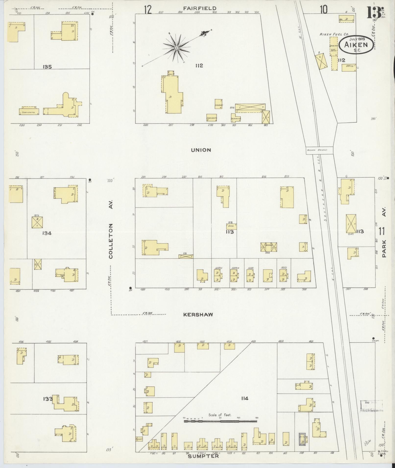 Sanborn Fire Insurance Map from Aiken, Aiken County, South Carolina (1909), Sheet #0013 - Complete Map Set gallery image, historic Sanborn map, vintage wall art, South Carolina South Carolina