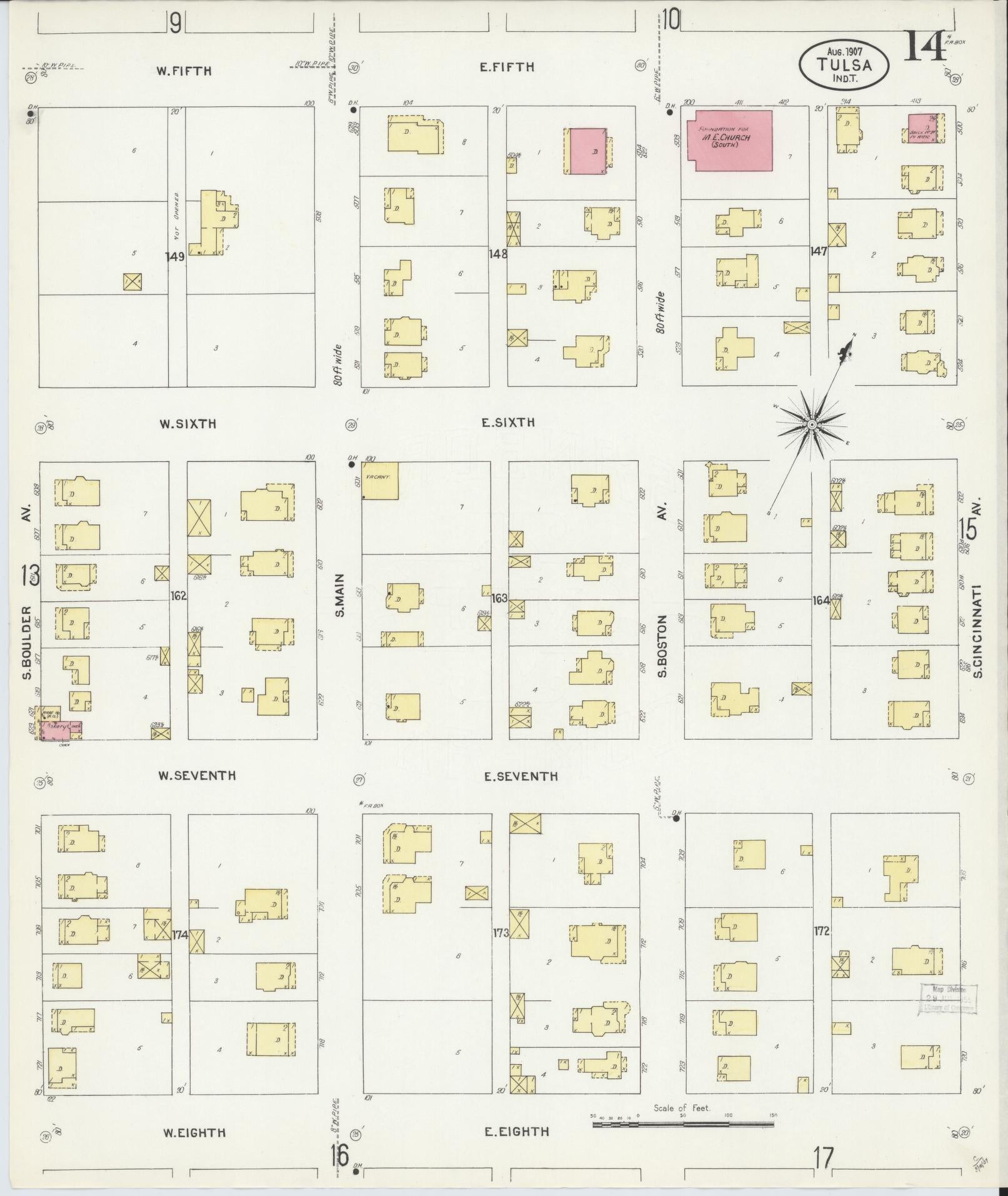 Sanborn Fire Insurance Map from Tulsa, Tulsa County, Oklahoma (1907), Sheet #0014 - Complete Map Set gallery image, historic Sanborn map, vintage wall art, Oklahoma Oklahoma
