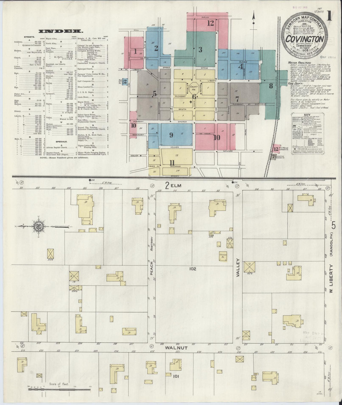 Sanborn Fire Insurance Map from Covington, Tipton County, Tennessee (1909), Sheet #0001 - Historic Sanborn Fire Insurance Map Print, vintage old map wall art, antique decor, genealogy gift, Tennessee Tennessee map