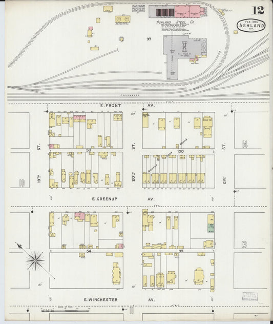 Sanborn Fire Insurance Map from Ashland, Boyd County, Kentucky (1895), Sheet #0012 - Historic Sanborn Fire Insurance Map Print, vintage old map wall art, antique decor, genealogy gift, Kentucky Kentucky map