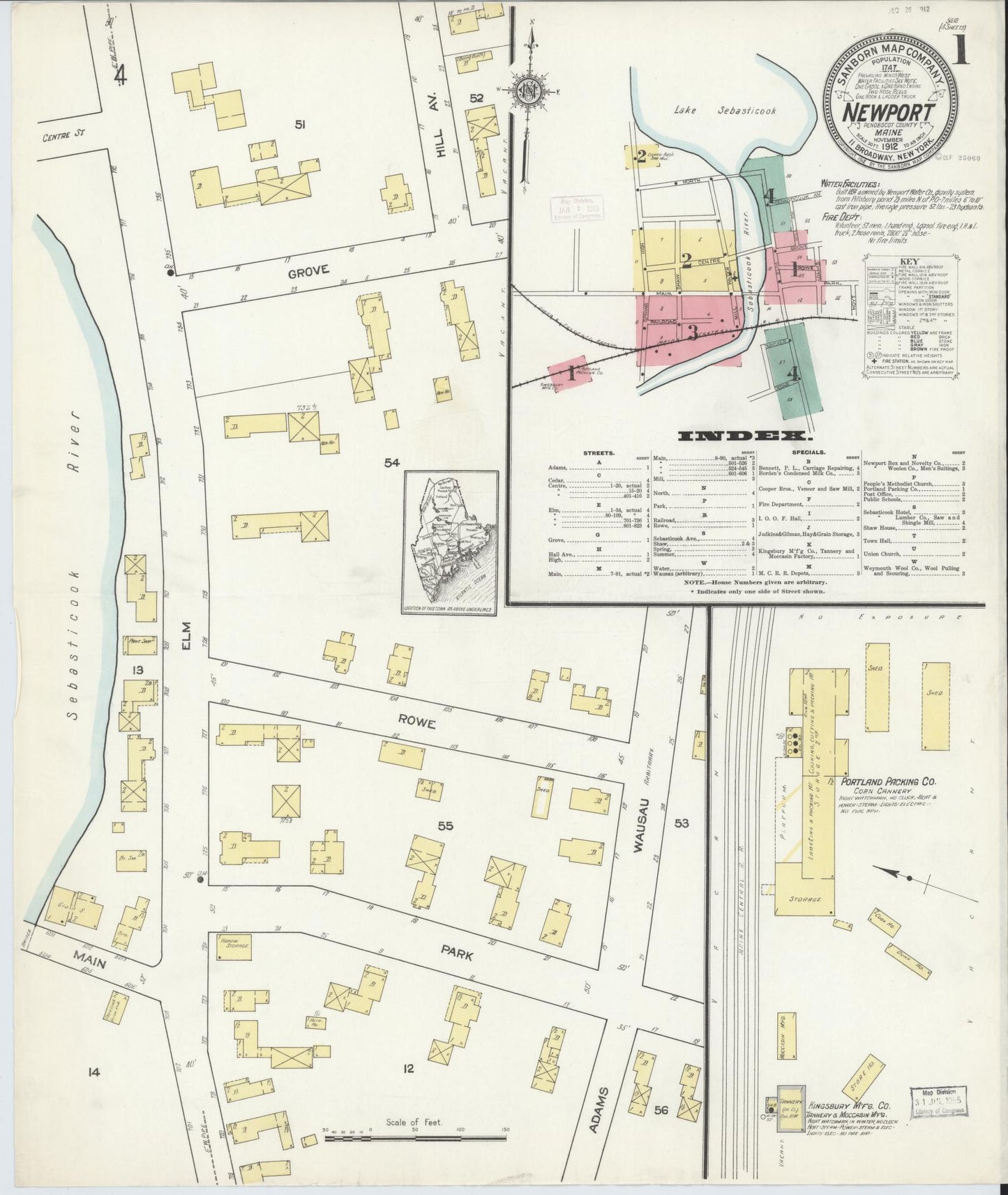 Sanborn Fire Insurance Map from Newport, Penobscot County, Maine (1912), Sheet #0001 - Historic Sanborn Fire Insurance Map Print, vintage old map wall art, antique decor, genealogy gift, Maine Maine map