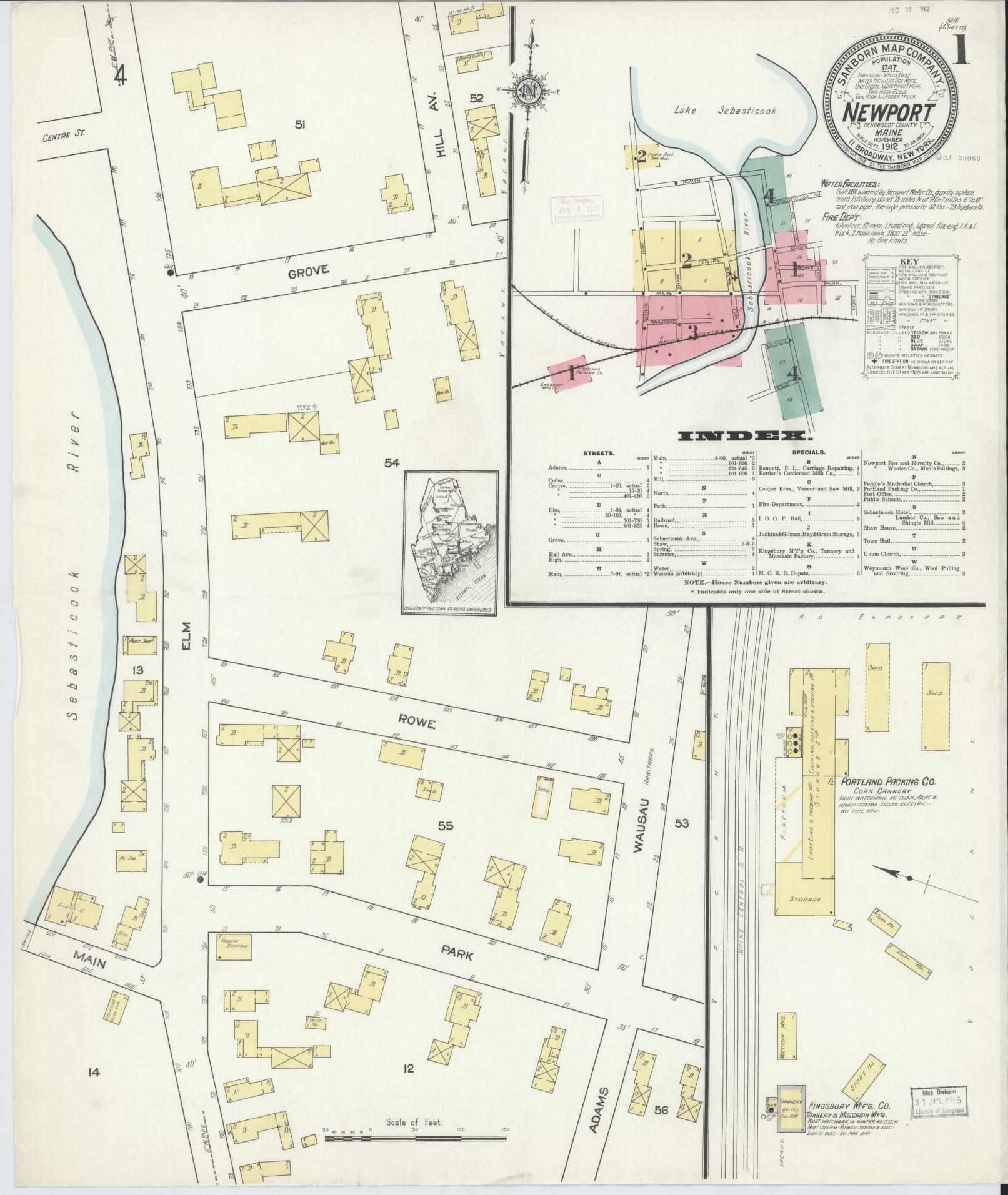 Sanborn Fire Insurance Map from Newport, Penobscot County, Maine (1912), Sheet #0001 - Historic Sanborn Fire Insurance Map Print, vintage old map wall art, antique decor, genealogy gift, Maine Maine map