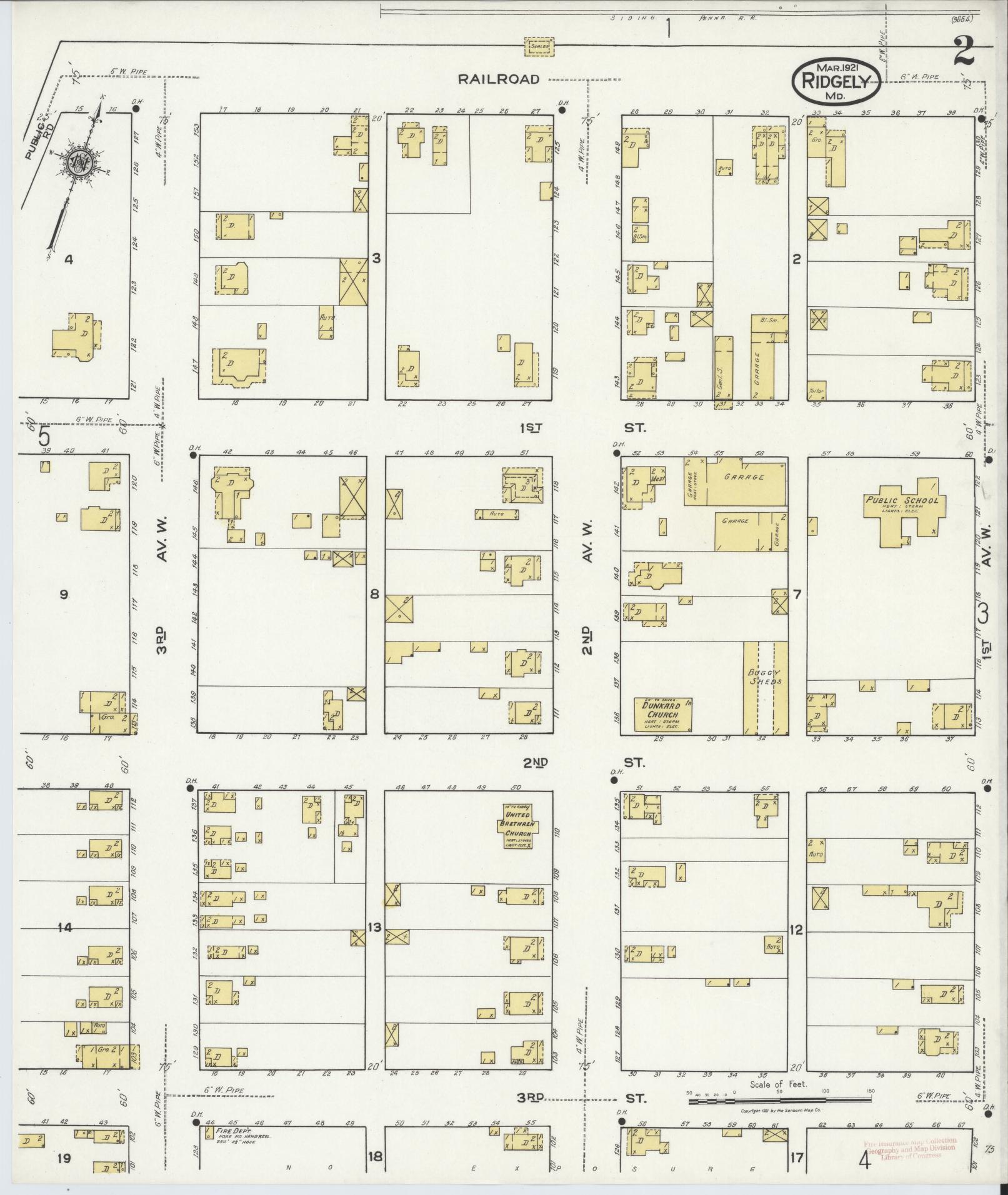 Sanborn Fire Insurance Map from Ridgely, Caroline County, Maryland (1921), Sheet #0002 - Historic Sanborn Fire Insurance Map Print, vintage old map wall art
