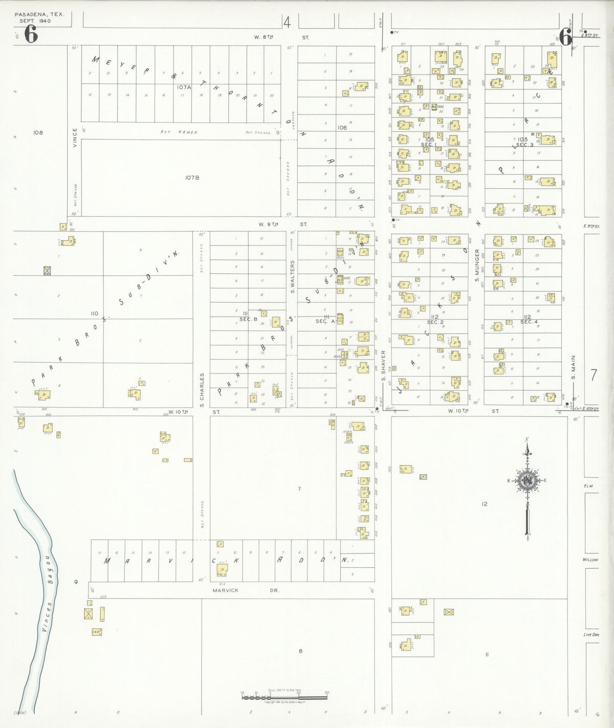 Sanborn Fire Insurance Map from Pasadena, Harris County, Texas (1940), Sheet #0006 - Historic Sanborn Fire Insurance Map Print, vintage old map wall art, antique decor, genealogy gift, Texas Texas map