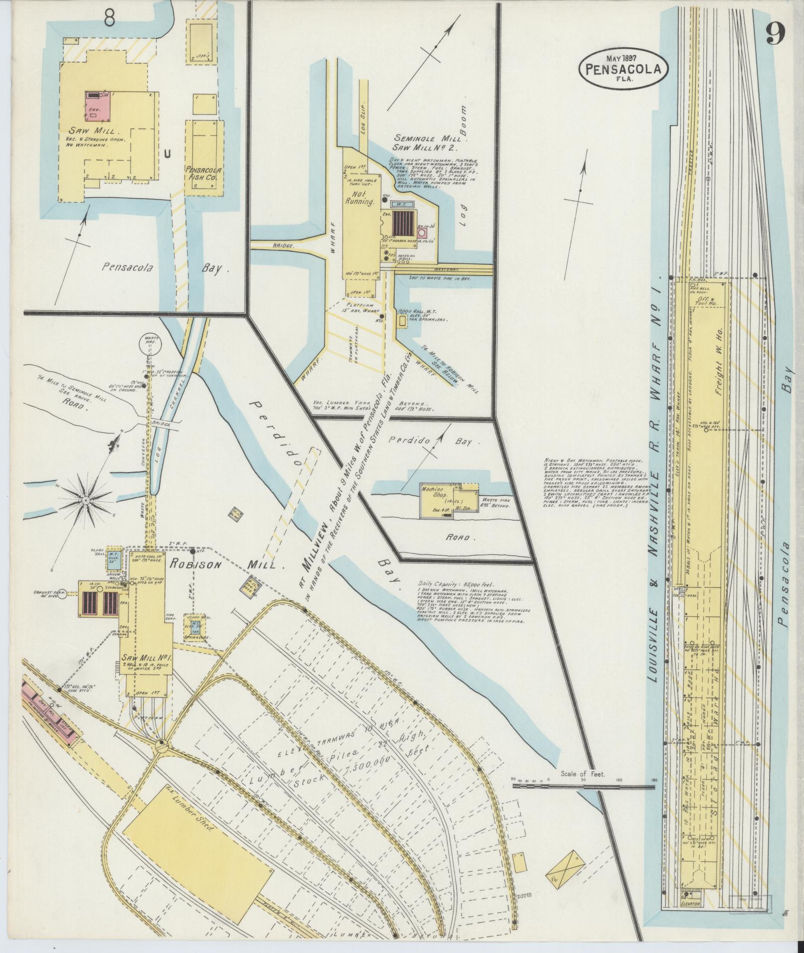 Sanborn Fire Insurance Map from Pensacola, Escambia County, Florida (1897), Sheet #0009 - Complete Map Set gallery image, historic Sanborn map, vintage wall art, Florida Florida