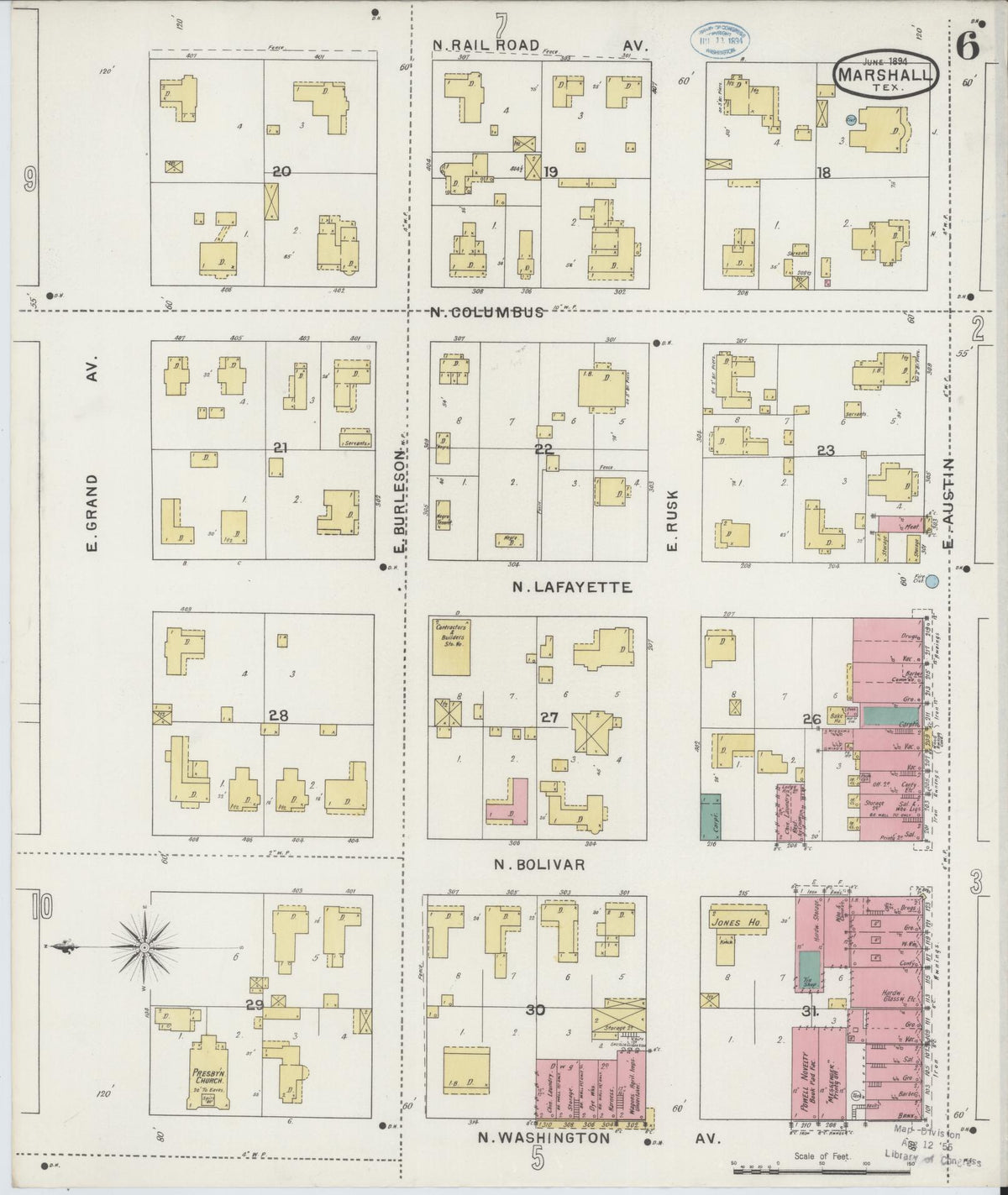 Sanborn Fire Insurance Map from Marshall, Harrison County, Texas (1894), Sheet #0006 - Historic Sanborn Fire Insurance Map Print, vintage old map wall art, antique decor, genealogy gift, Texas Texas map