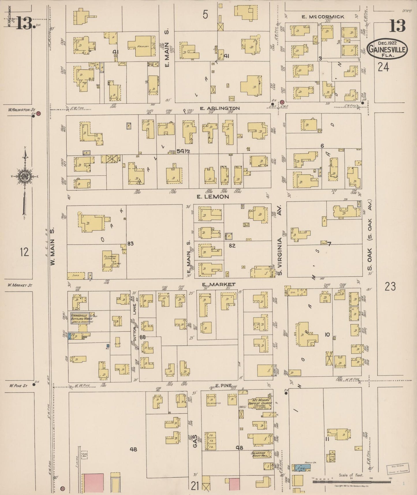 Sanborn Fire Insurance Map from Gainesville, Alachua County, Florida (1922), Sheet #0013 - Complete Map Set gallery image, historic Sanborn map, vintage wall art, Florida Florida