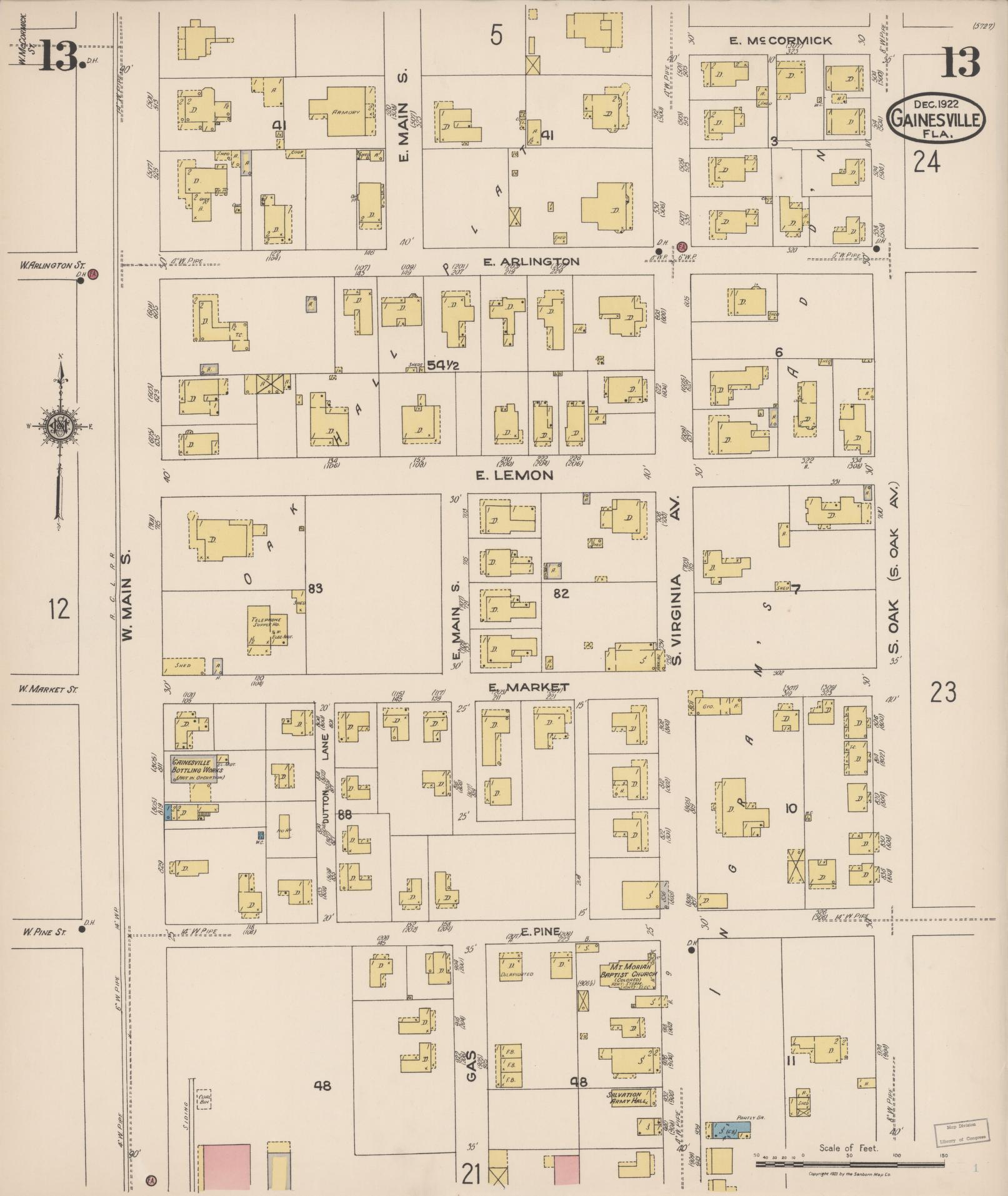 Sanborn Fire Insurance Map from Gainesville, Alachua County, Florida (1922), Sheet #0013 - Complete Map Set gallery image, historic Sanborn map, vintage wall art, Florida Florida