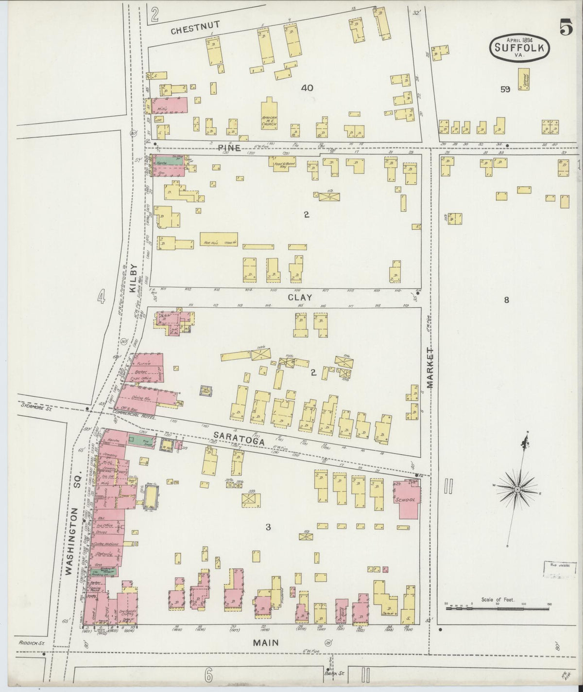 Sanborn Fire Insurance Map from Suffolk, Independent Cities, Virginia (1894), Sheet #0005 - Historic Sanborn Fire Insurance Map Print, vintage old map wall art, antique decor, genealogy gift, Virginia Virginia map