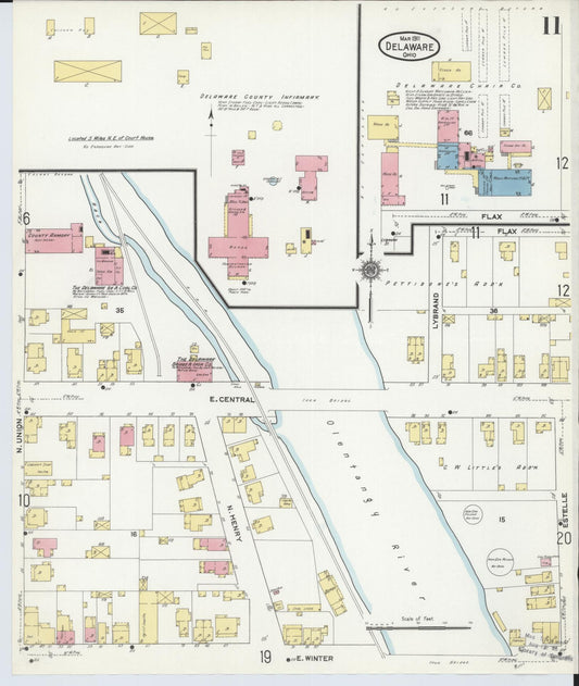 Sanborn Fire Insurance Map from Delaware, Delaware County, Ohio (1911), Sheet #0011 - Historic Sanborn Fire Insurance Map Print, vintage old map wall art, antique decor, genealogy gift, Sanborn Fire Insurance Map from Delaware Delaware map