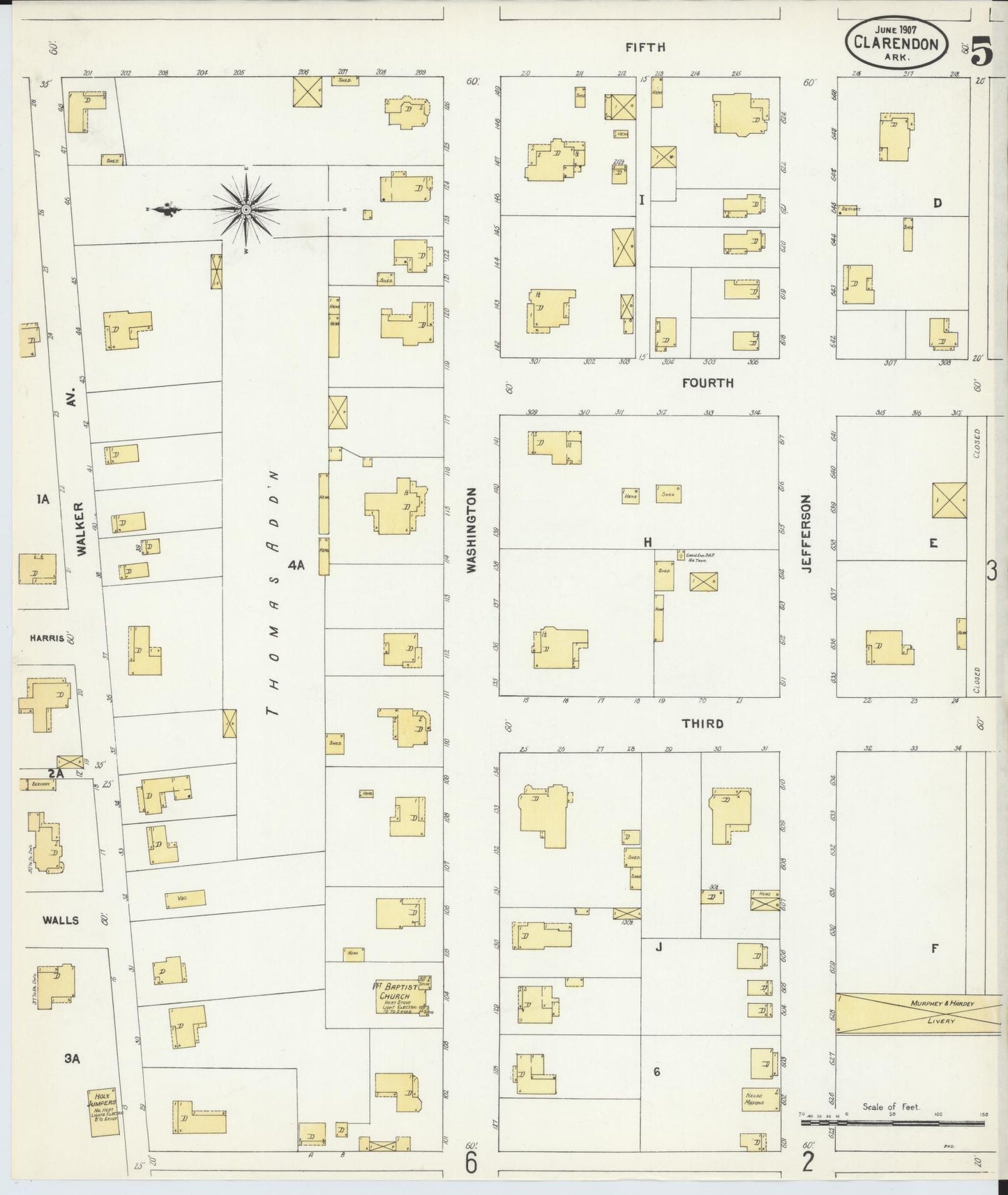 Sanborn Fire Insurance Map from Clarendon, Monroe County, Arkansas (1907), Sheet #0005 - Complete Map Set gallery image, historic Sanborn map, vintage wall art, Arkansas Arkansas