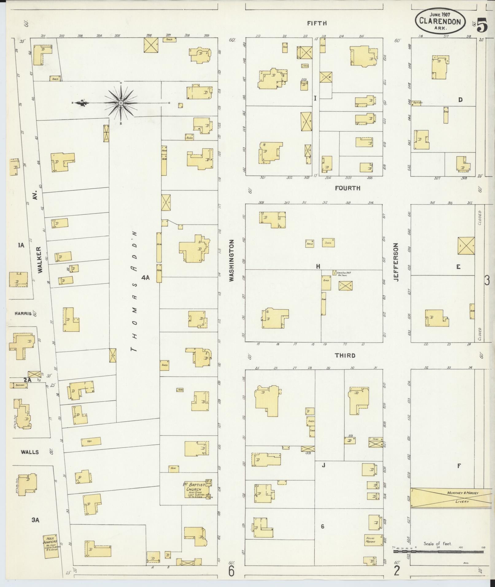 Sanborn Fire Insurance Map from Clarendon, Monroe County, Arkansas (1907), Sheet #0005 - Complete Map Set gallery image, historic Sanborn map, vintage wall art, Arkansas Arkansas