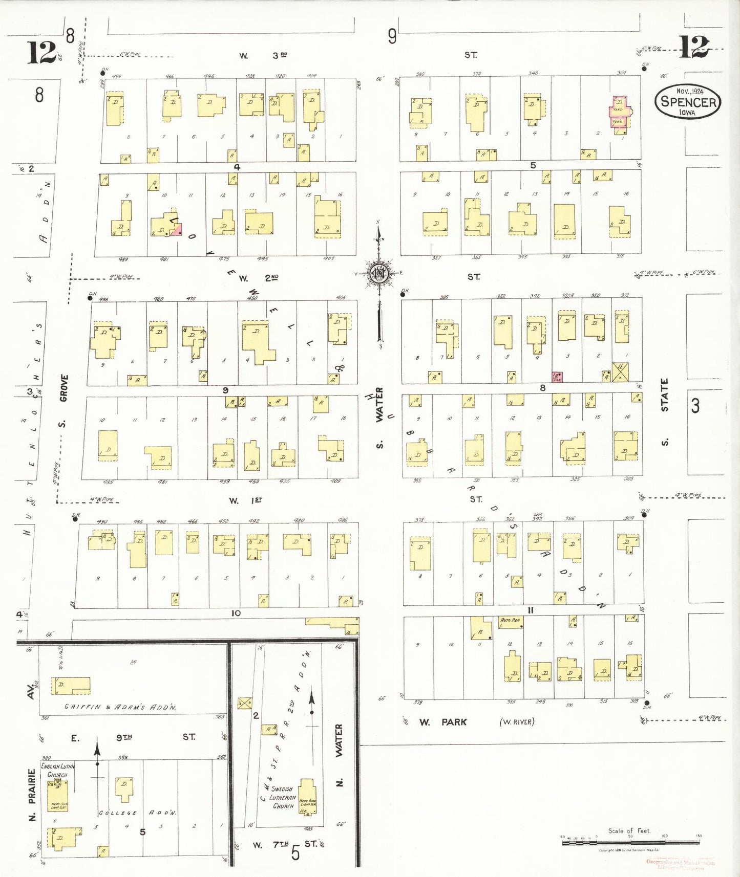 Sanborn Fire Insurance Map from Spencer, Clay County, Iowa (1924), Sheet #0012 - Historic Sanborn Fire Insurance Map Print, vintage old map wall art