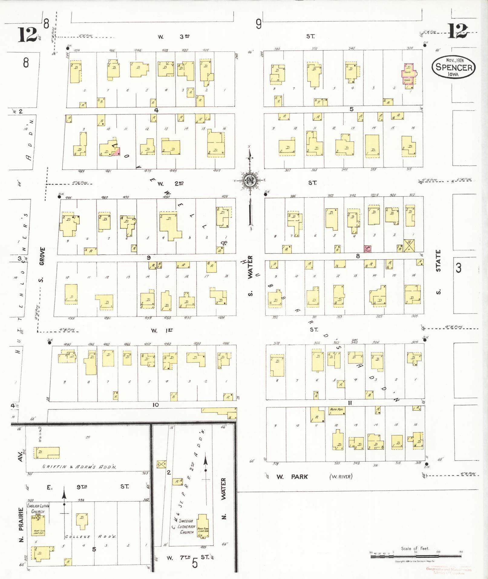 Sanborn Fire Insurance Map from Spencer, Clay County, Iowa (1924), Sheet #0012 - Historic Sanborn Fire Insurance Map Print, vintage old map wall art