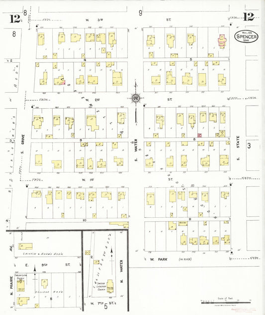 Sanborn Fire Insurance Map from Spencer, Clay County, Iowa (1924), Sheet #0012 - Historic Sanborn Fire Insurance Map Print, vintage old map wall art