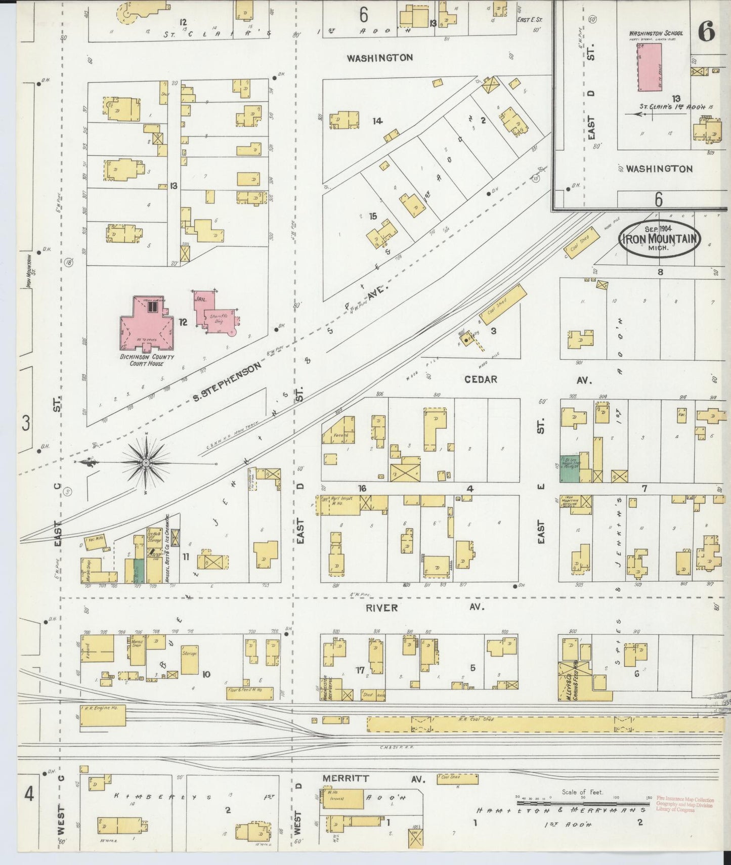 Sanborn Fire Insurance Map from Iron Mountain, Dickinson County, Michigan (1904), Sheet #0006 - Complete Map Set gallery image, historic Sanborn map, vintage wall art, Michigan Michigan