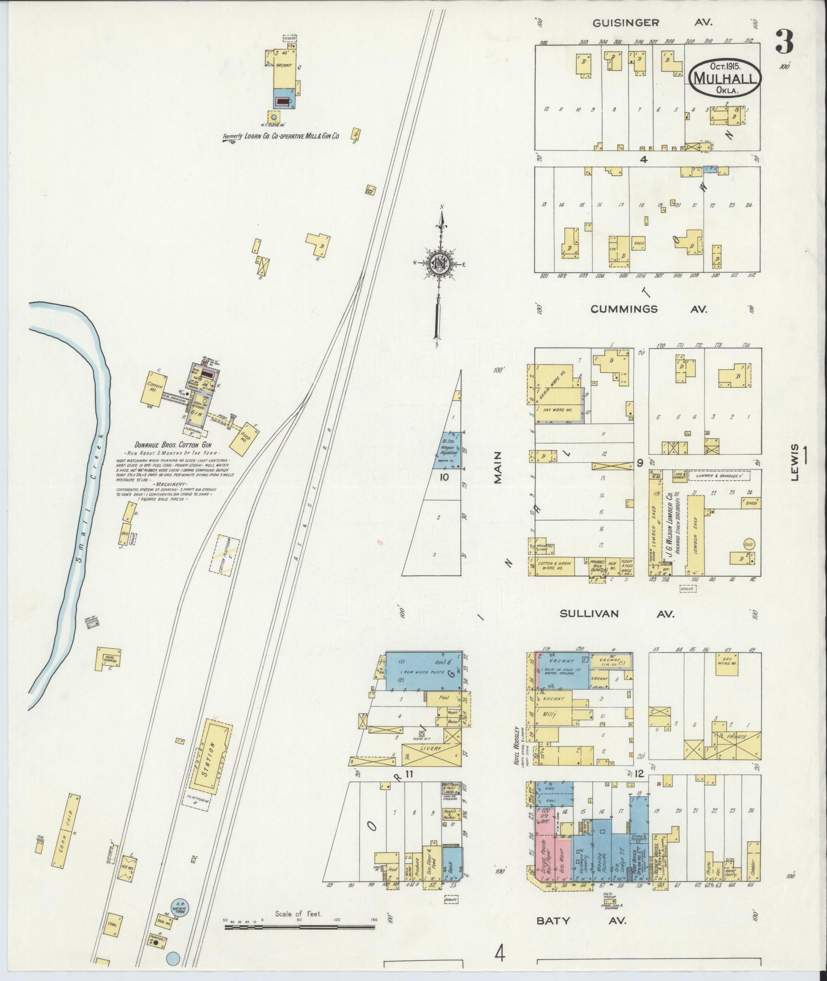 Sanborn Fire Insurance Map from Mulhall, Logan County, Oklahoma (1915), Sheet #0003 - Complete Map Set gallery image, historic Sanborn map, vintage wall art, Oklahoma Oklahoma