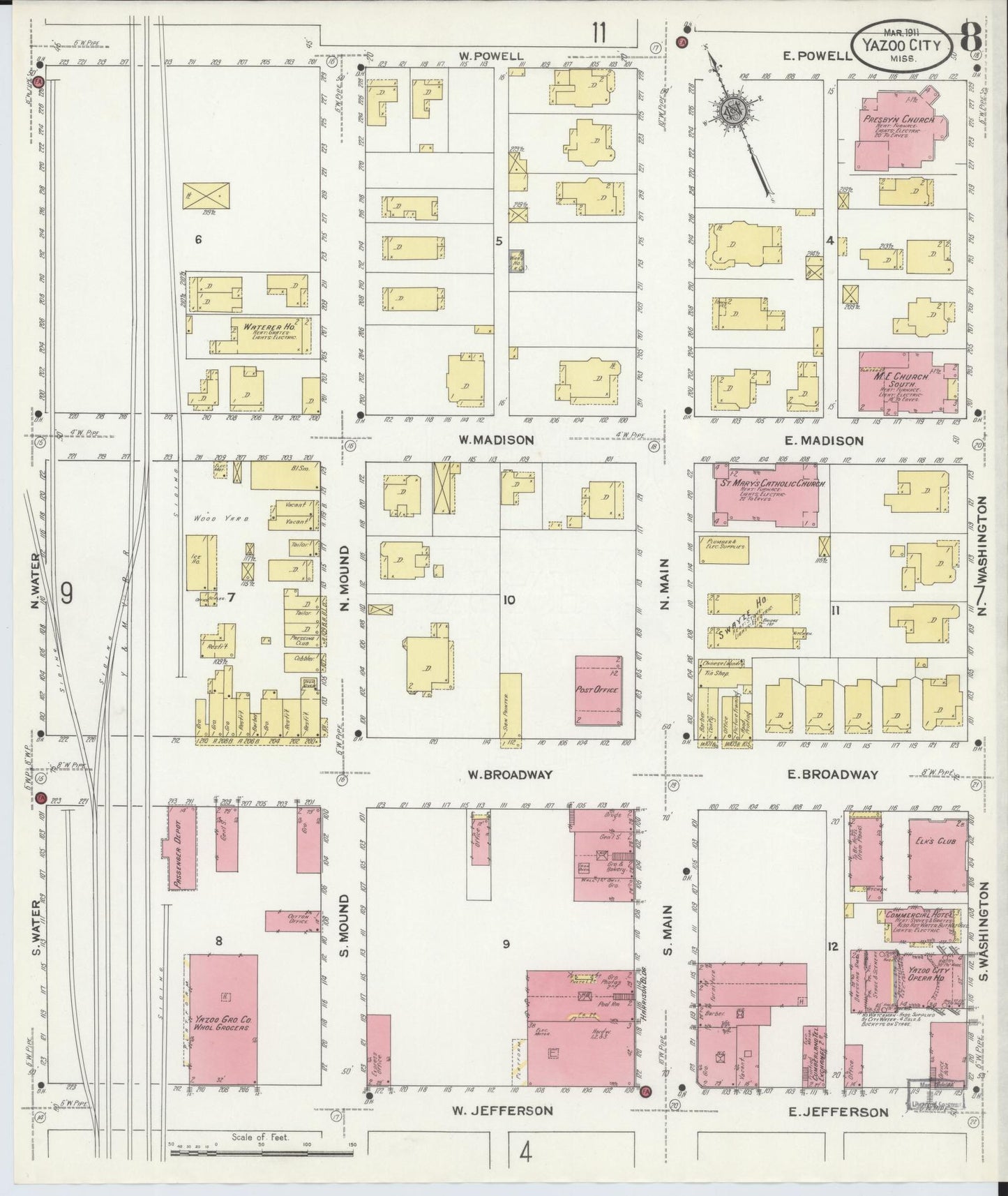 Sanborn Fire Insurance Map from Yazoo City, Yazoo County, Mississippi (1911), Sheet #0008 - Complete Map Set gallery image, historic Sanborn map, vintage wall art, Mississippi Mississippi
