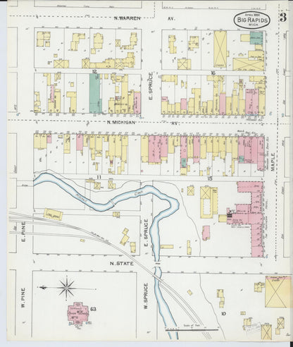 Sanborn Fire Insurance Map from Big Rapids, Mecosta County, Michigan (1892), Sheet #0003 - Historic Sanborn Fire Insurance Map Print, vintage old map wall art, antique decor, genealogy gift, Michigan Michigan map