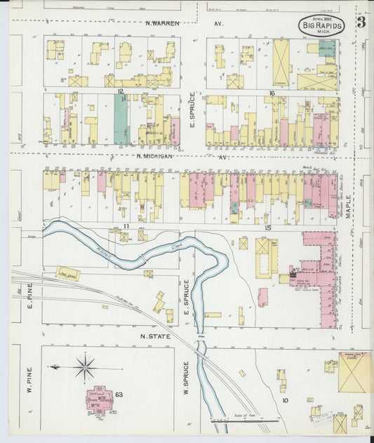 Sanborn Fire Insurance Map from Big Rapids, Mecosta County, Michigan (1892), Sheet #0003 - Historic Sanborn Fire Insurance Map Print, vintage old map wall art, antique decor, genealogy gift, Michigan Michigan map