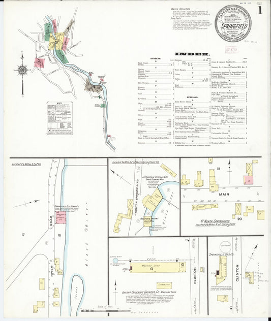 Sanborn Fire Insurance Map from Springfield, Windsor County, Vermont (1910), Sheet #0001 - Historic Sanborn Fire Insurance Map Print, vintage old map wall art, antique decor, genealogy gift, Vermont Vermont map