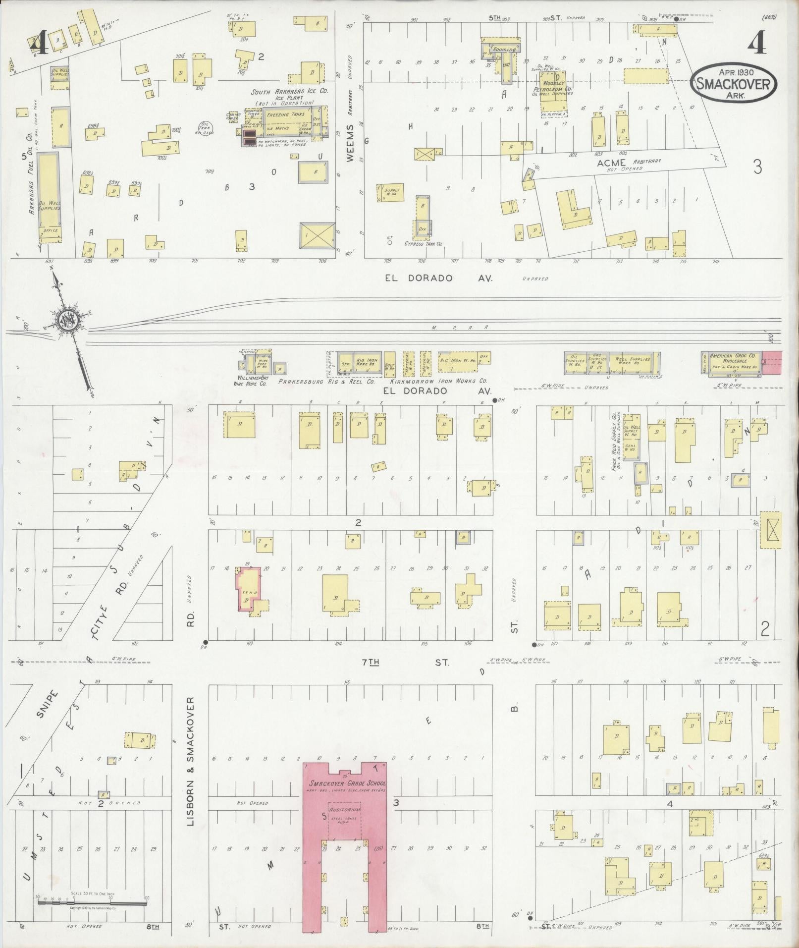 Sanborn Fire Insurance Map from Smackover, Union County, Arkansas (1930), Sheet #0004 - Complete Map Set gallery image, historic Sanborn map, vintage wall art, Arkansas Arkansas