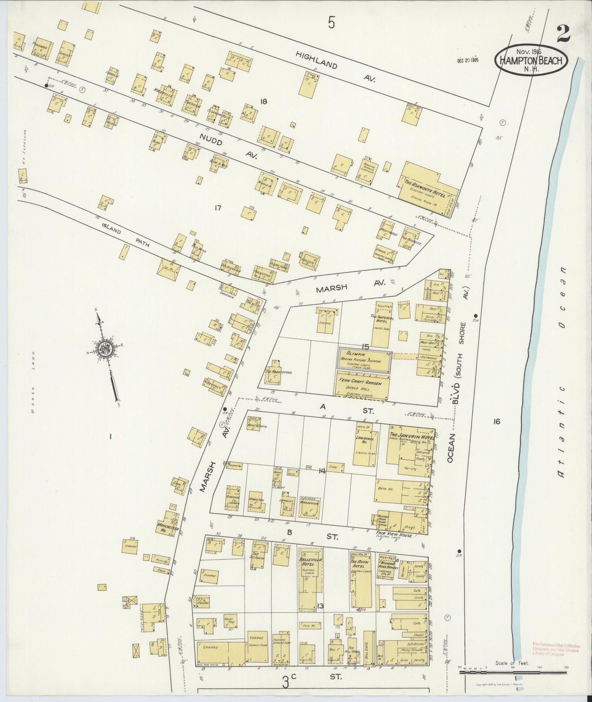 Sanborn Fire Insurance Map from Hampton Beach, Rockingham County, New Hampshire (1916), Sheet #0002 - Historic Sanborn Fire Insurance Map Print, vintage old map wall art, antique decor, genealogy gift, New Hampshire New Hampshire map