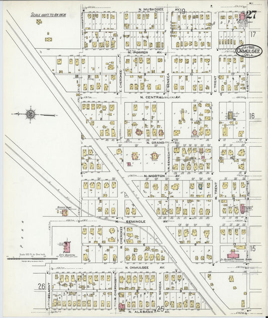 Sanborn Fire Insurance Map from Okmulgee, Okmulgee County, Oklahoma (1920), Sheet #0027 - Historic Sanborn Fire Insurance Map Print, vintage old map wall art, antique decor, genealogy gift, Oklahoma Oklahoma map
