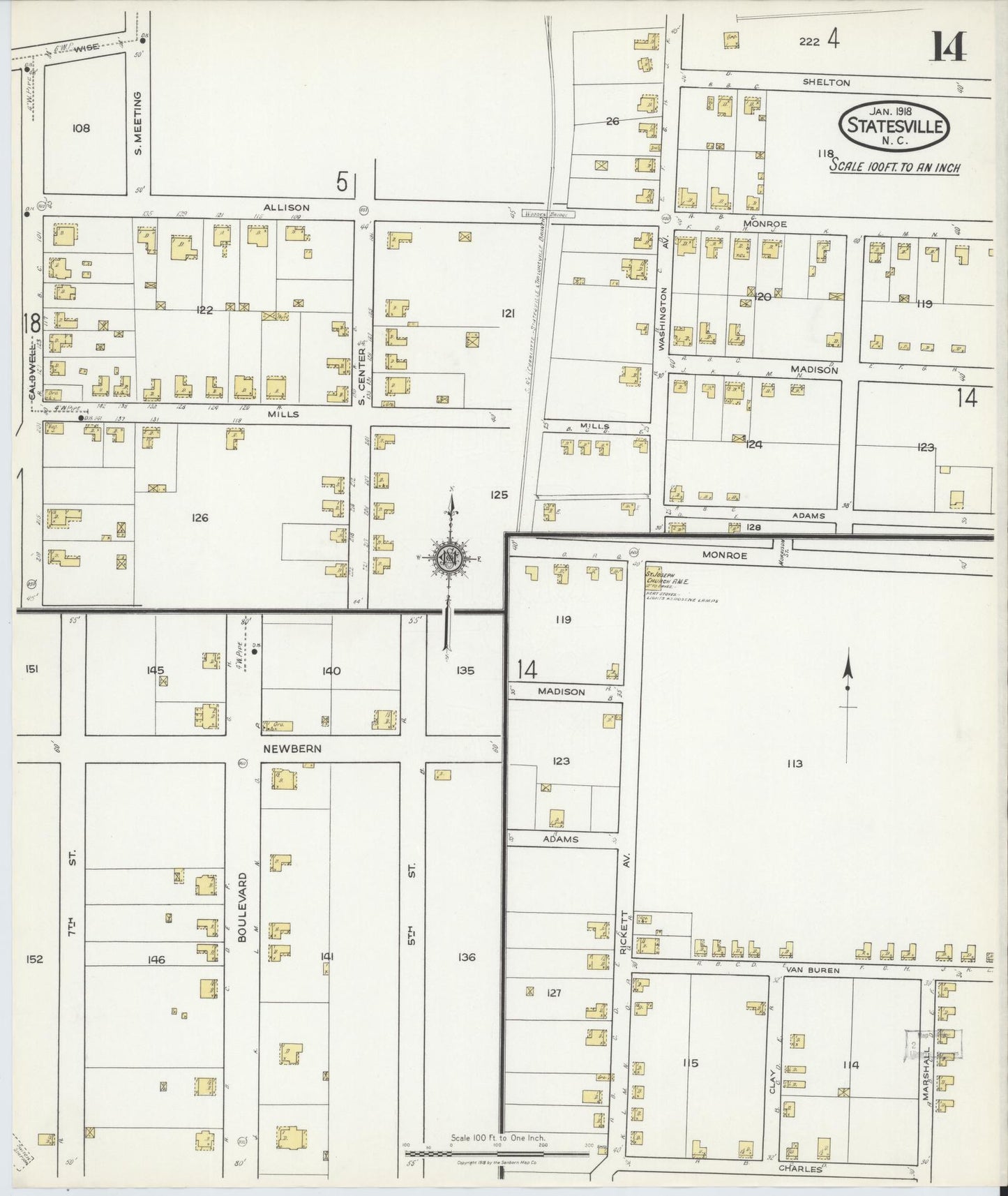 Sanborn Fire Insurance Map from Statesville, Iredell County, North Carolina (1918), Sheet #0014 - Complete Map Set gallery image, historic Sanborn map, vintage wall art, North Carolina North Carolina