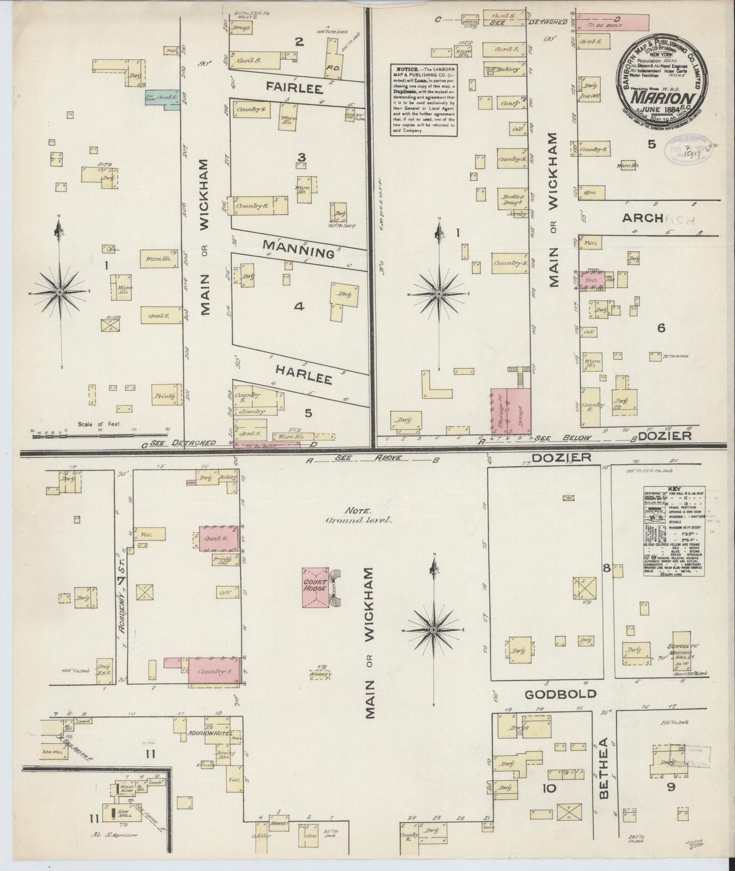 Sanborn Fire Insurance Map from Marion, Marion County, South Carolina (1884), Sheet #0001 - Complete Map Set gallery image, historic Sanborn map, vintage wall art, South Carolina South Carolina
