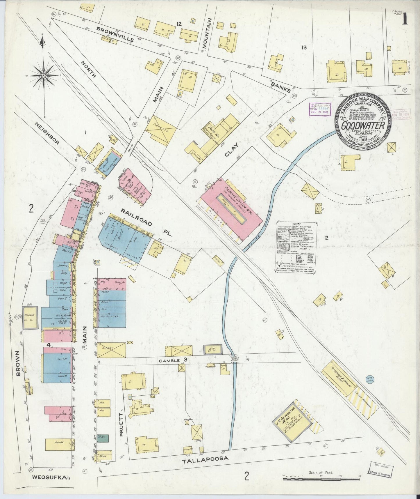 Sanborn Fire Insurance Map from Goodwater, Coosa County, Alabama (1909), Sheet #0001 - Historic Sanborn Fire Insurance Map Print, vintage old map wall art, antique decor, genealogy gift, Alabama Alabama map