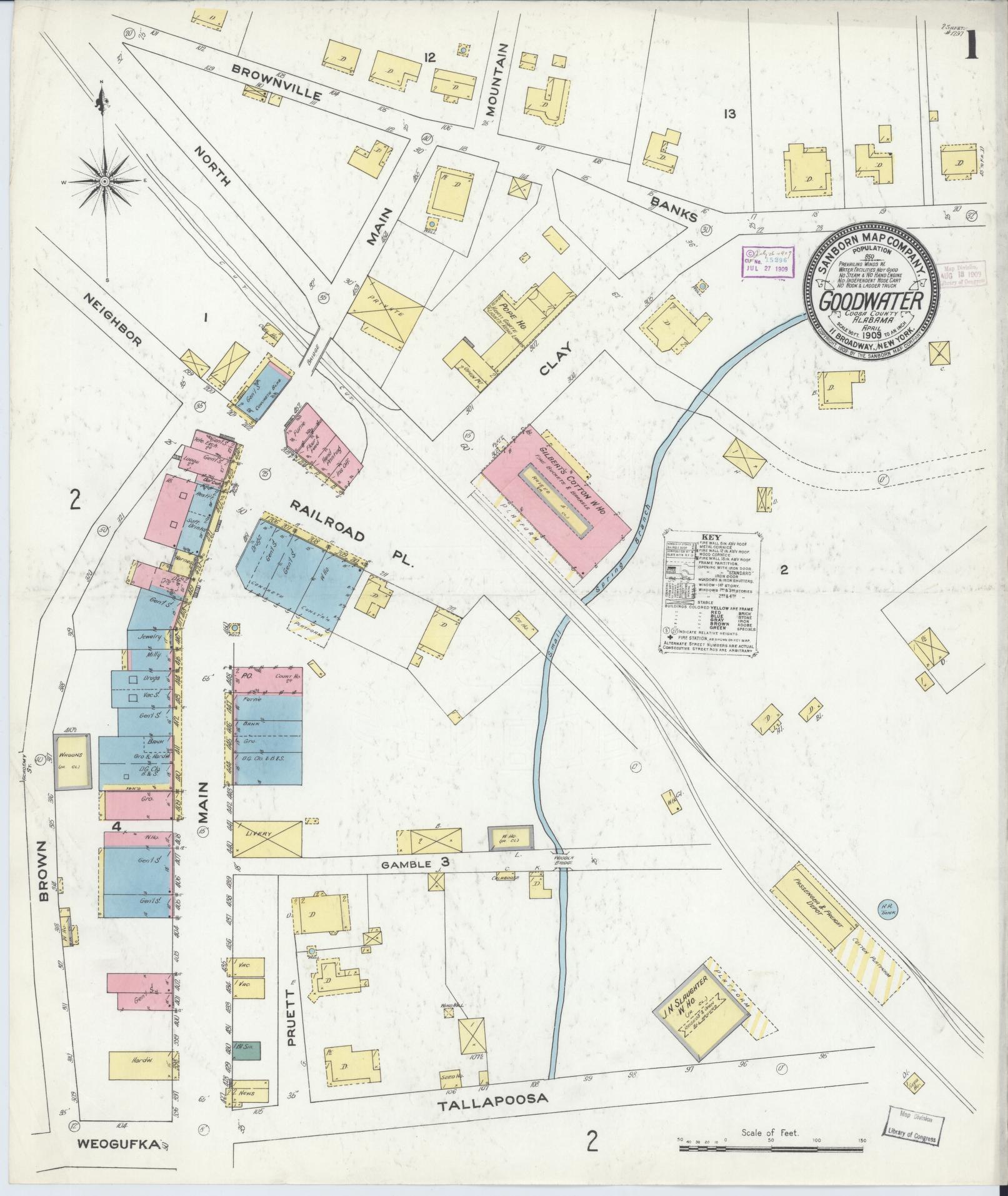 Sanborn Fire Insurance Map from Goodwater, Coosa County, Alabama (1909), Sheet #0001 - Historic Sanborn Fire Insurance Map Print, vintage old map wall art, antique decor, genealogy gift, Alabama Alabama map