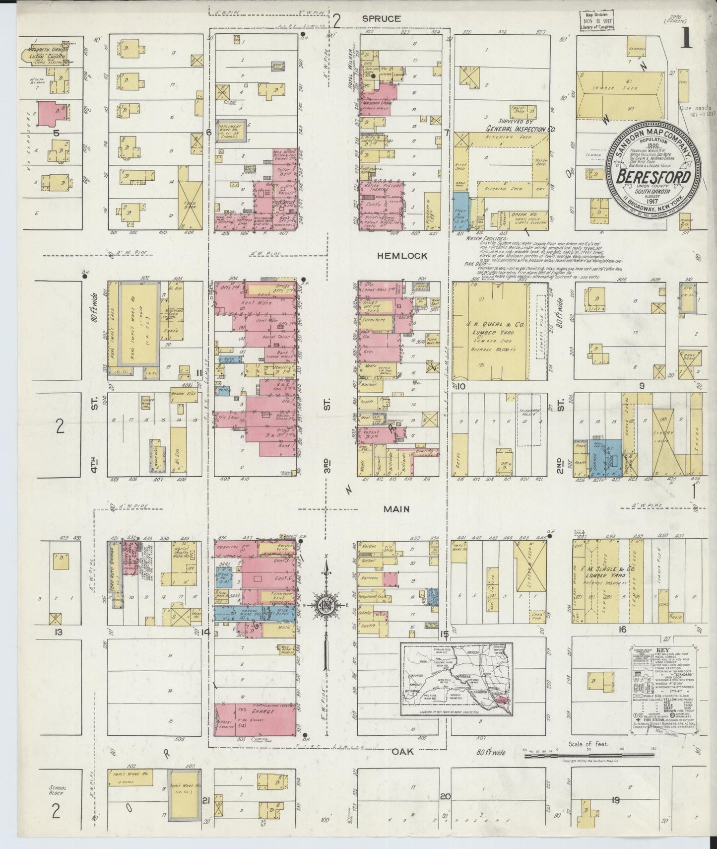 Sanborn Fire Insurance Map from Beresford, Union And Lincoln Counties, South Dakota (1917), Sheet #0001 - Complete Map Set gallery image, historic Sanborn map, vintage wall art, South Dakota South Dakota