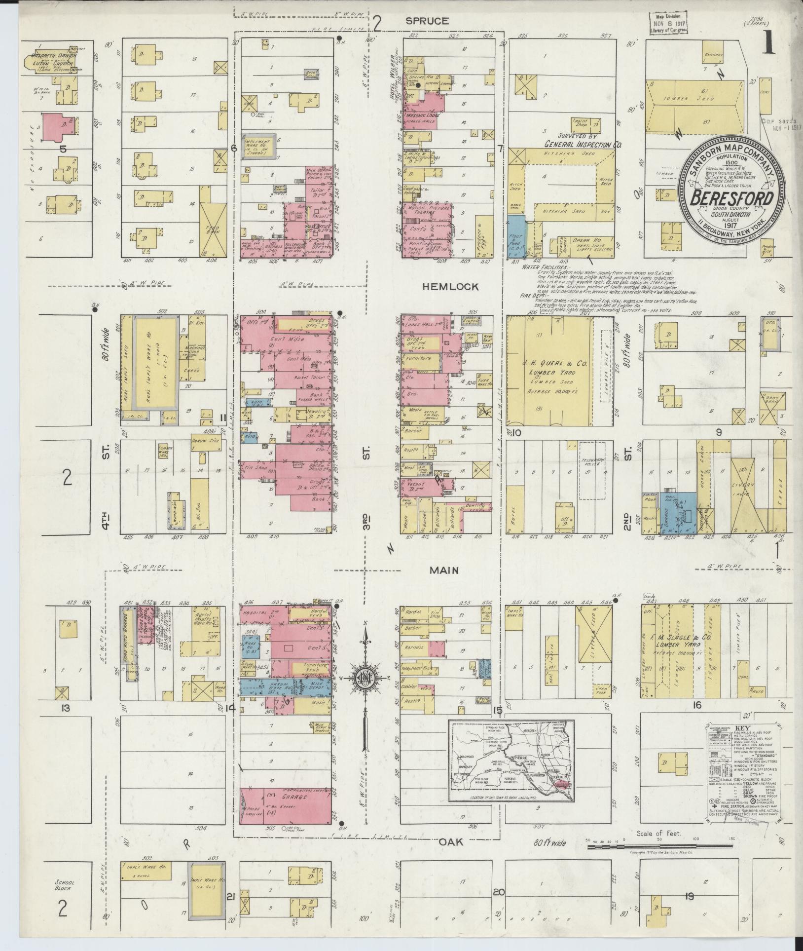 Sanborn Fire Insurance Map from Beresford, Union And Lincoln Counties, South Dakota (1917), Sheet #0001 - Complete Map Set gallery image, historic Sanborn map, vintage wall art, South Dakota South Dakota