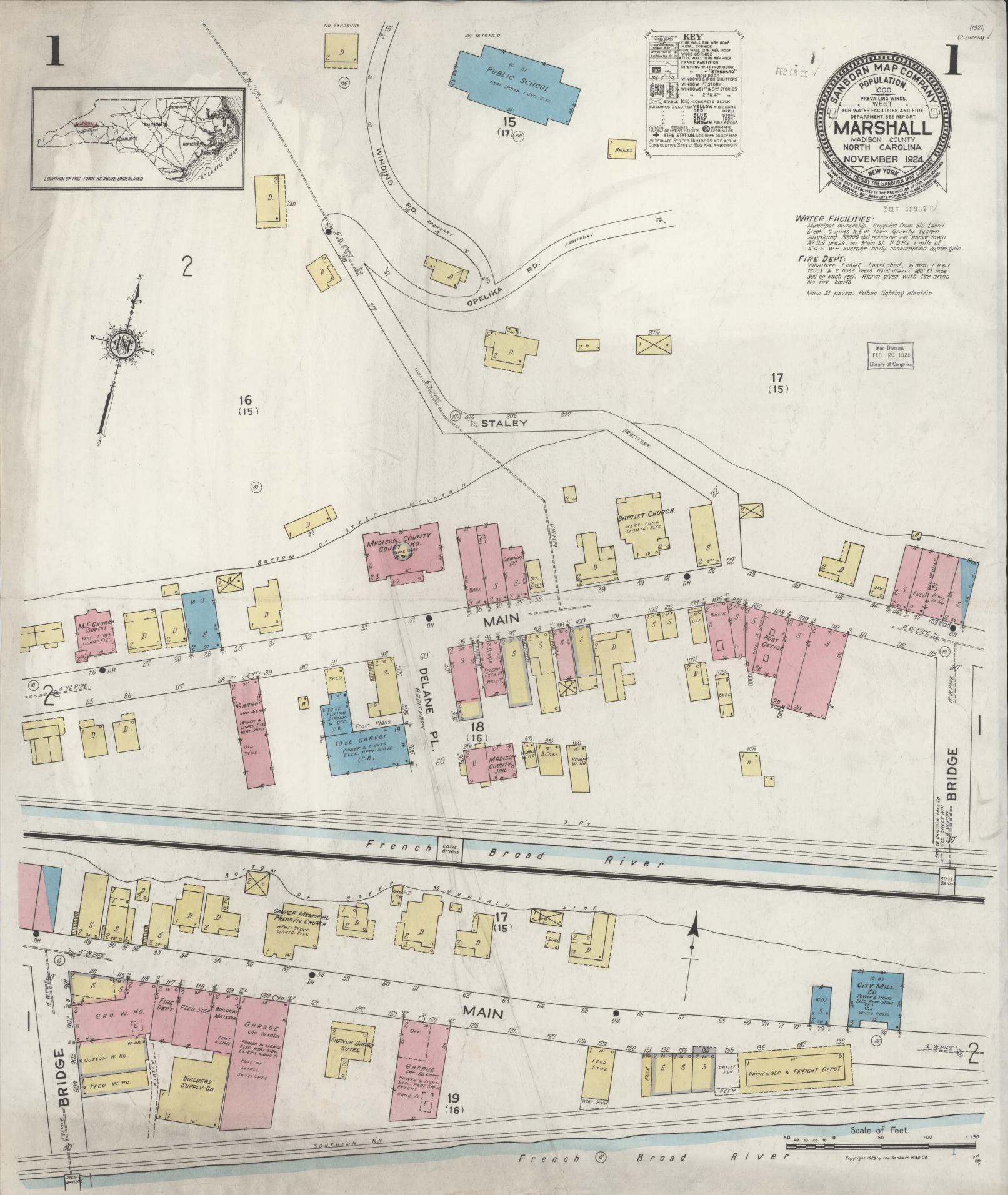 Sanborn Fire Insurance Map from Marshall, Madison County, North Carolina (1924), Sheet #0001 - Complete Map Set gallery image, historic Sanborn map, vintage wall art, North Carolina North Carolina