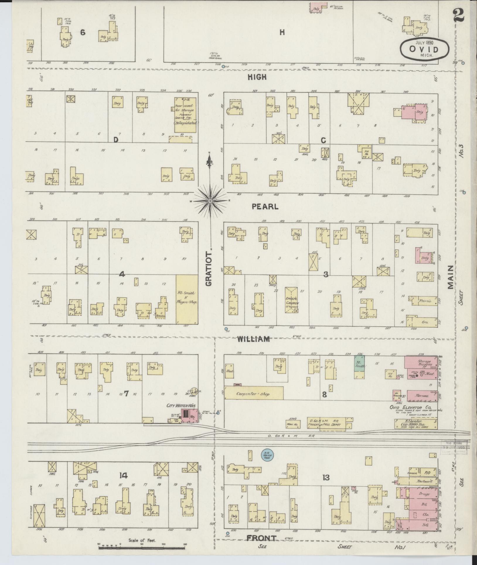 Sanborn Fire Insurance Map from Ovid, Clinton County, Michigan (1890), Sheet #0002 - Complete Map Set gallery image, historic Sanborn map, vintage wall art, Michigan Michigan